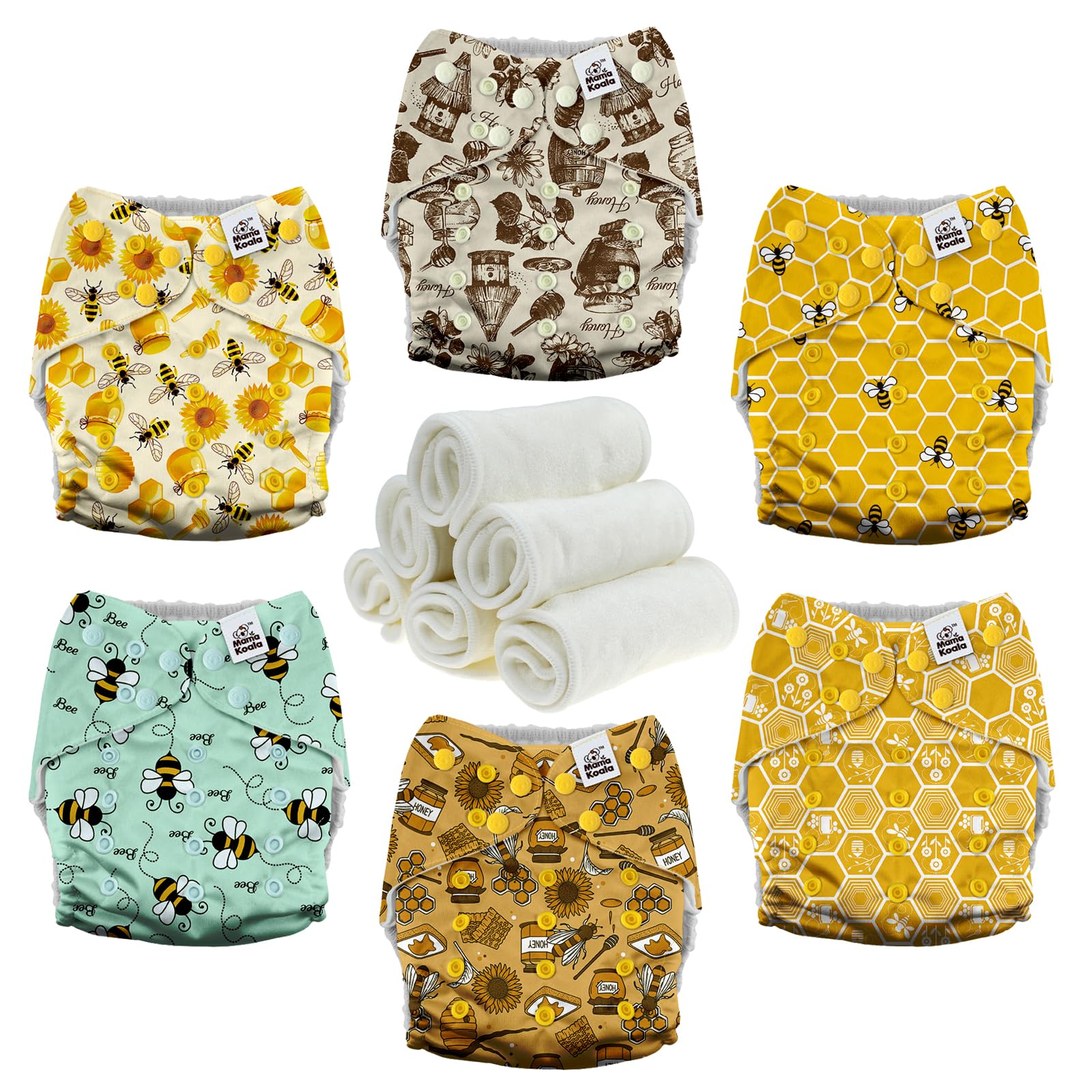 Mama Koala 3.0 Pocket Cloth Diapers for Babies with AWJ Lining, 6 Pack with 6 4-Layer Natural Cloth Diaper Inserts - Reusable and Washable Pocket Diapers(Hardworking Bees)