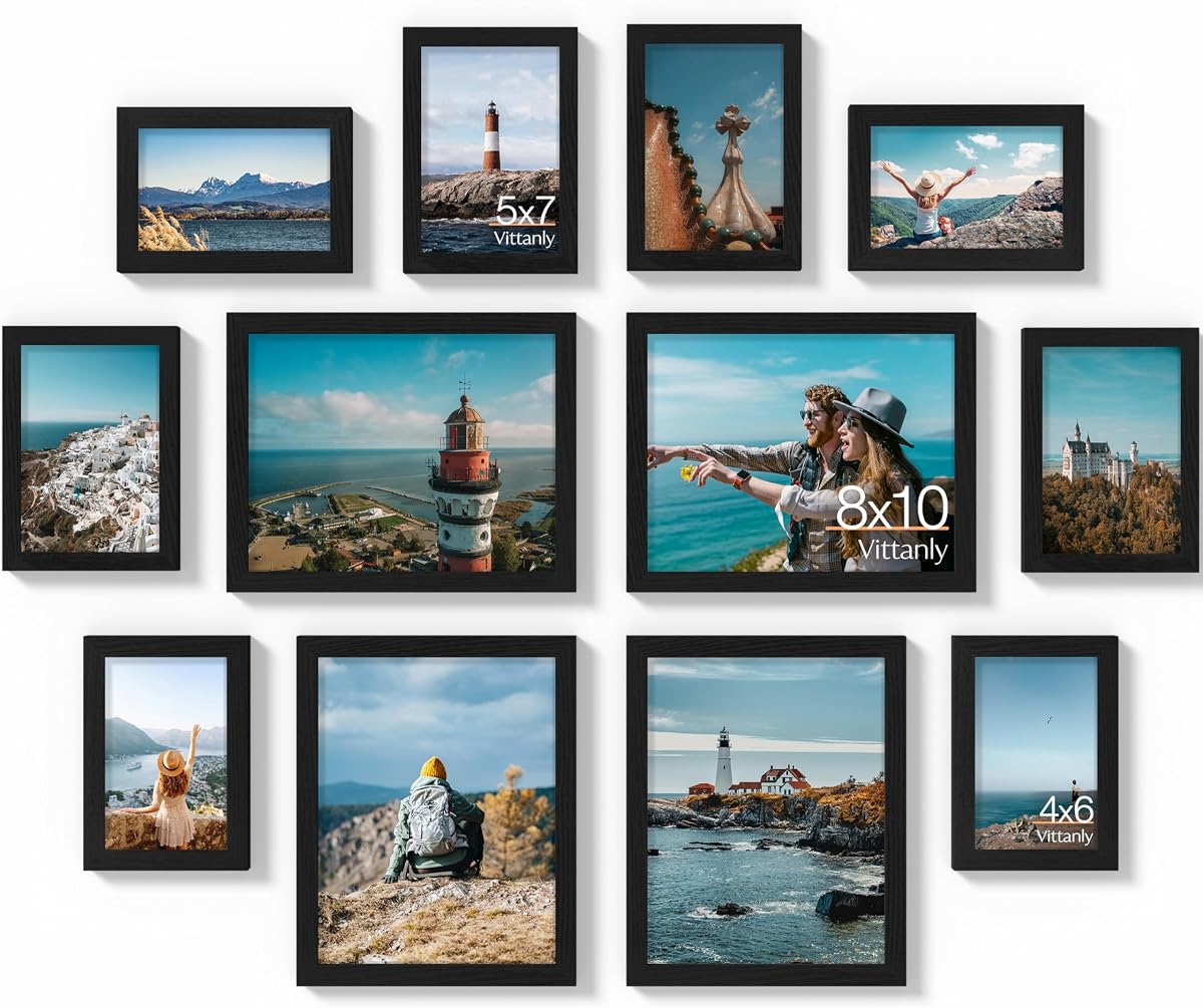 Vittanly Paquete de 12 marcos de fotos para decoración de pared, color negro | Juego de marcos de pared para galería: 4 piezas de 8 x 10, 4 piezas de 5 x 7 y 4 piezas de 4 x 6 fotos para pared y mesa, marcos de fotos hechos de madera de ingeniería