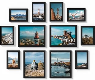 Vittanly 12 Pack Black Picture Frames Collage Kit - Gallery Wall Set with 4x6, 5x7, 8x10 Sizes for Wall or Tabletop Display