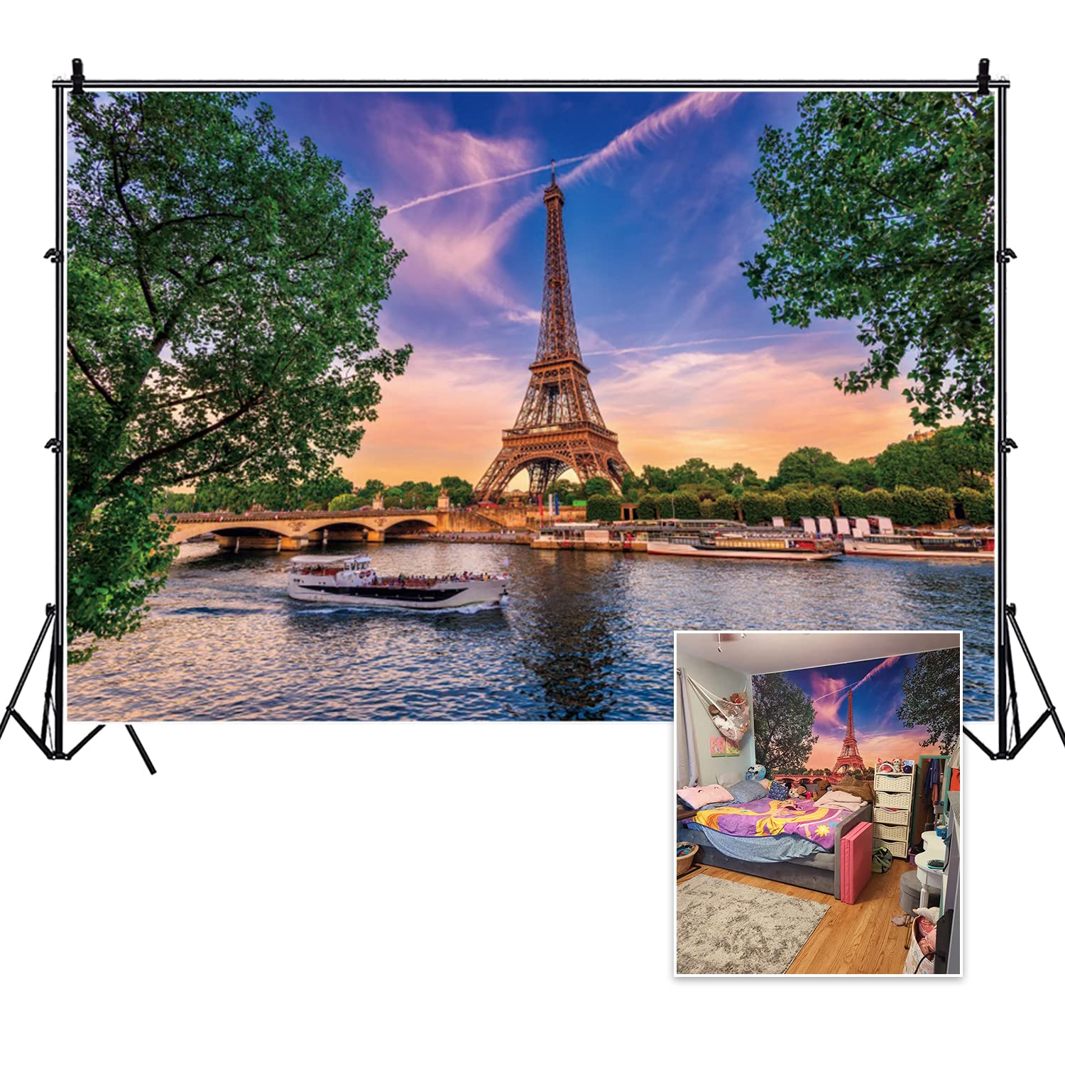 DORCEV 10x7ft The Eiffel Tower Backdrop Paris Cityscape The Seine Sunshine Bridge Lake Outdoor Vacation Theme Photography Background Honeymoon Travel