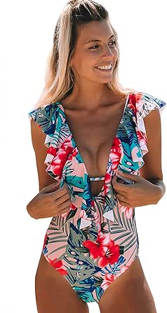 SPORLIKE Women One Piece Swimsuit V-Neck Ruffle Bathing Suit Padded Monokini