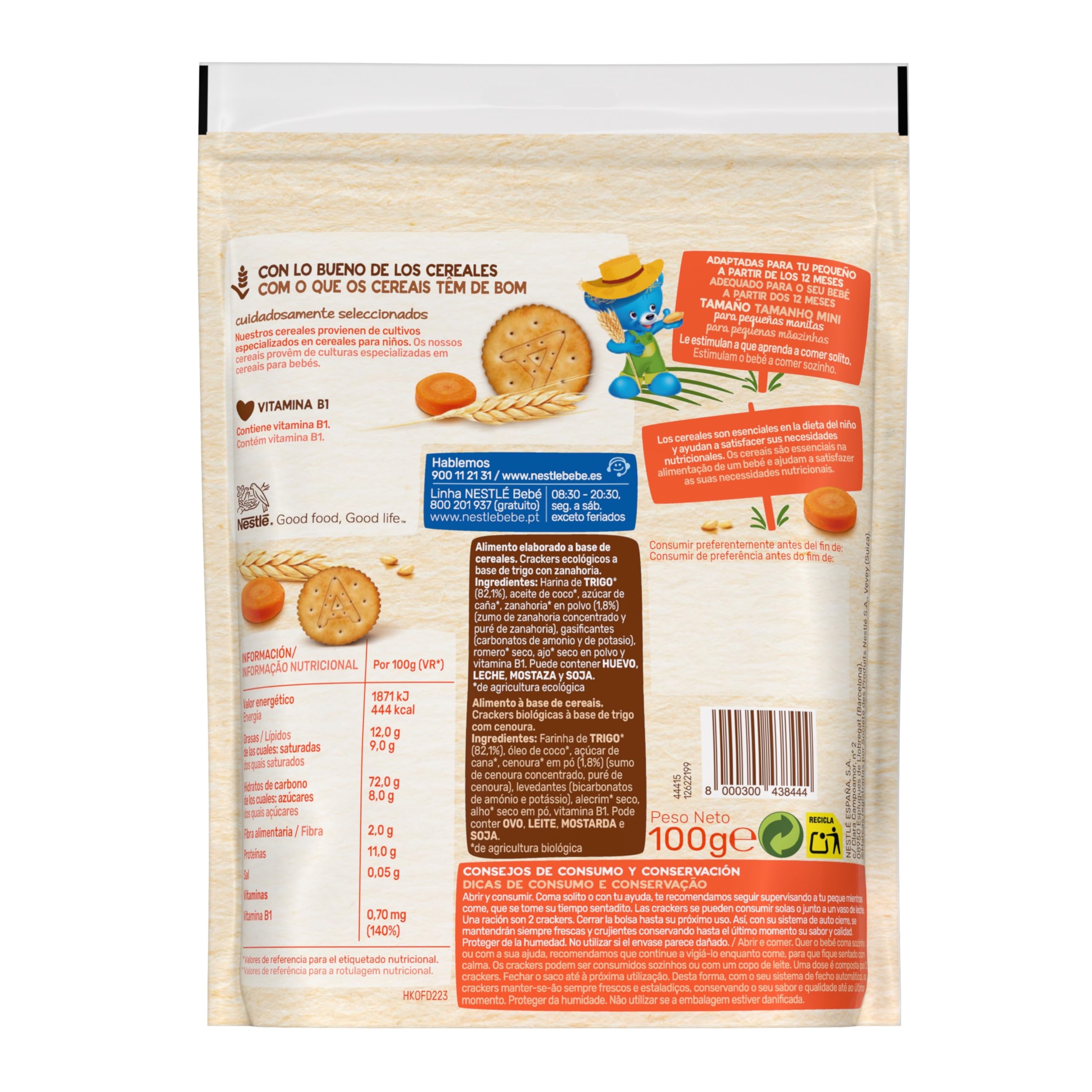 NESTLÉ PequeCrackers Zanahoria, para bebés desde 12 meses, 6 bolsas de 100g