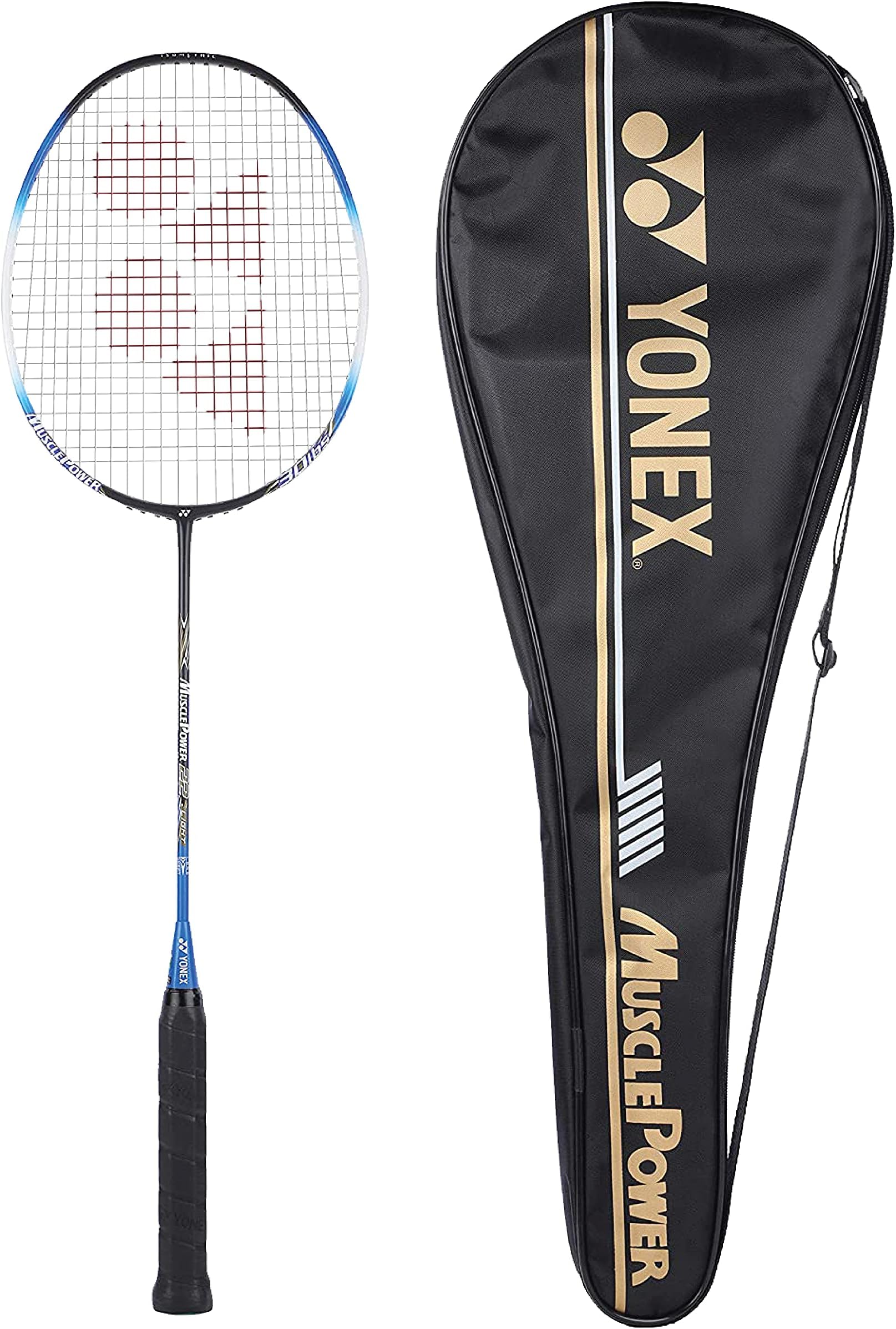 Muscle Power 22LT Carbon Graphite Strung Badminton Racket with Full Racket Cover (Black/Blue) | for Intermediate Players | 83 Grams | Maximum String Tension - 30lbs