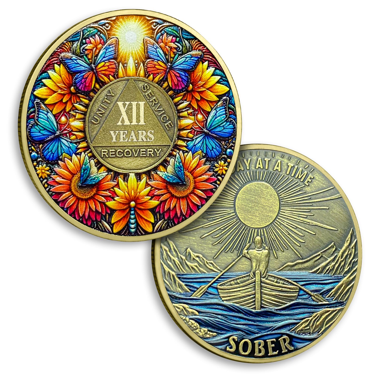 Sunflower Butterfly 12 Year Sobriety Coin, "One Day at A Time" AA Medallion | Recovery Coin with Token Capsule, Inspirational Sobriety Gift for Men &