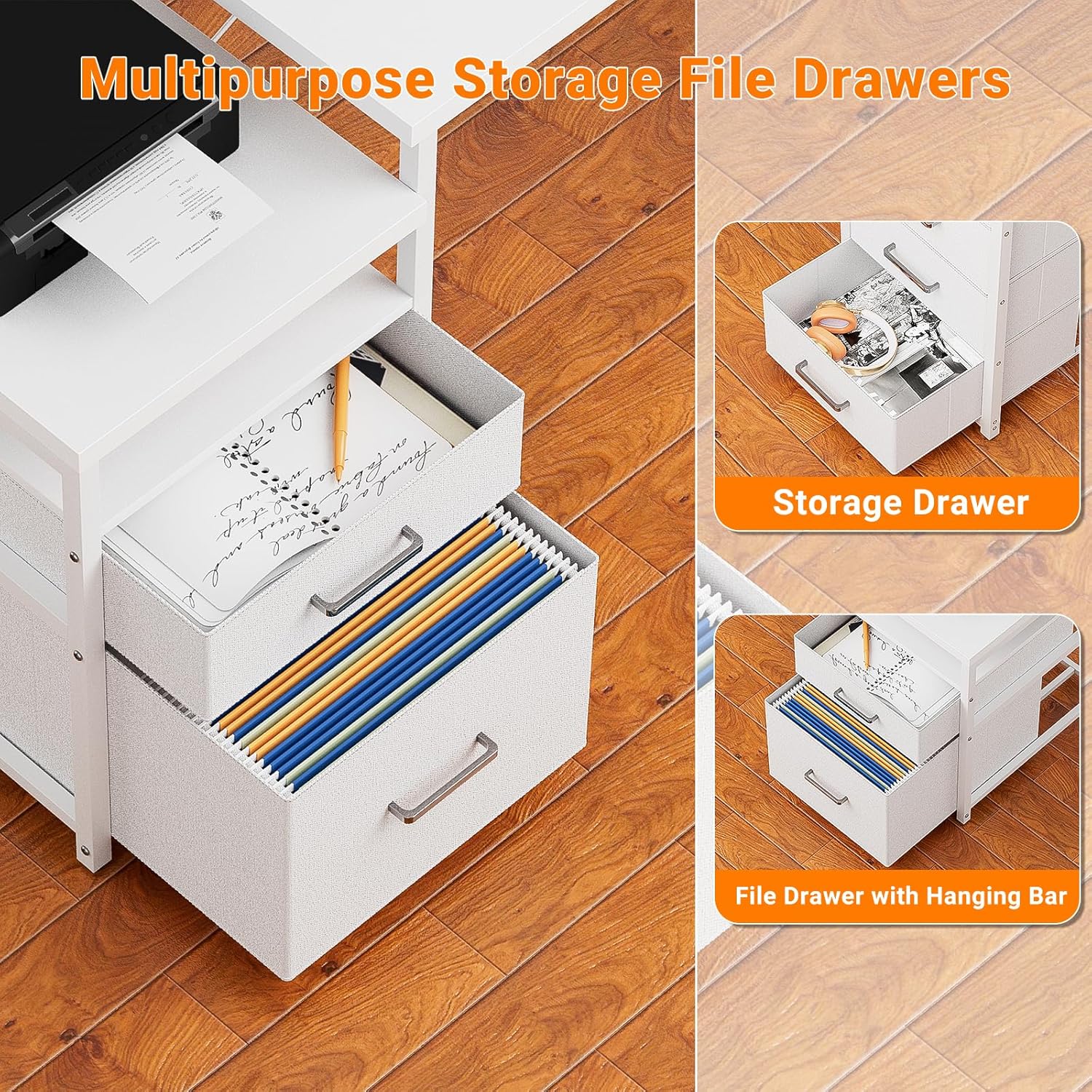 Unikito 70.8" Reversible L Shaped Computer Desk with Fabric File Drawers, Corner Desks with RGB LED Light & Power Outlets & Monitor Stand, Large Gaming Desk for Home Office Workstation, White