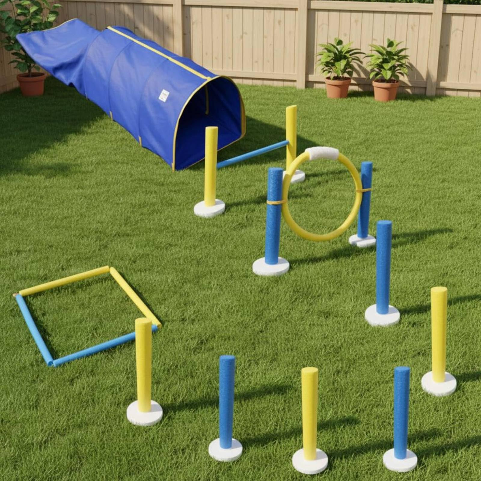 Agility Trainingsset Sprungreifen Tunnel Hürden Stangen mit Schaumstoffbezug aus Polyester für Konzentriertes Haustiertraining Garten Und Innenräume