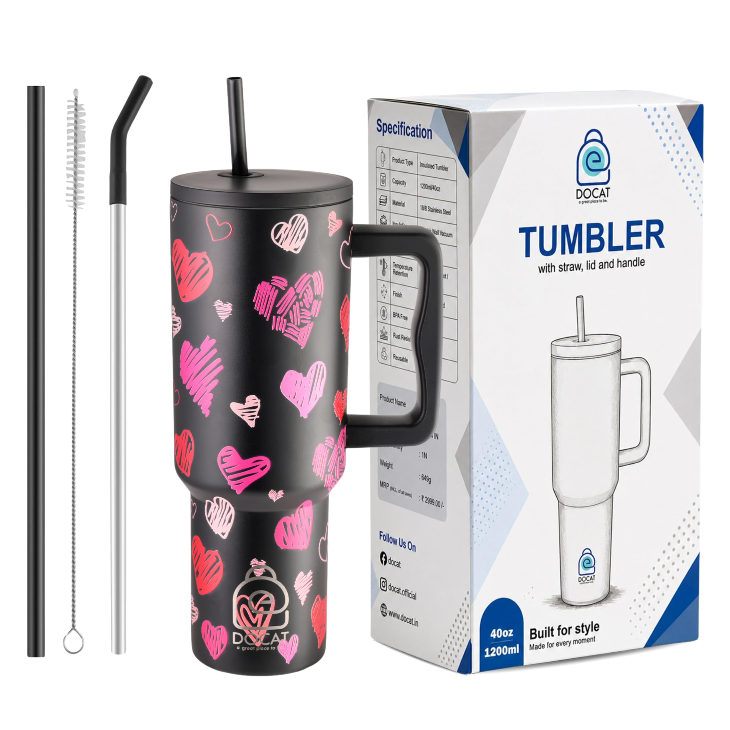 DOCAT 1200ML Stainless Steel Tumbler with Lid and Straw, Hot and Cold Double Insulated Sipper Mug, 100% Leak Proof Coffee Tumbler Cupholder for Office, Gym, Travelling (Midnight Hearts)