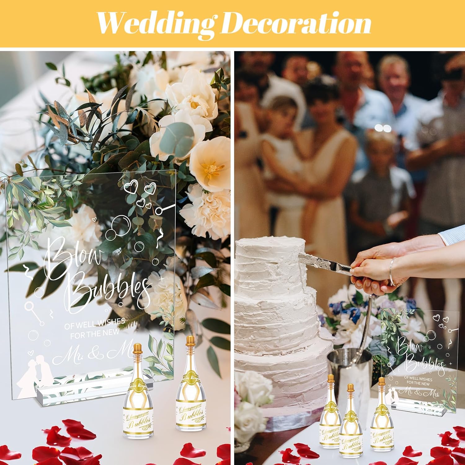 Realspring 102 Pcs Wedding Bubbles Bulk Gift Including Mini Champagne Bubbles Wands Acrylic Display Board Sign with Stand for Wedding Send Off Anniversary Engagement Bridal Guests Gift