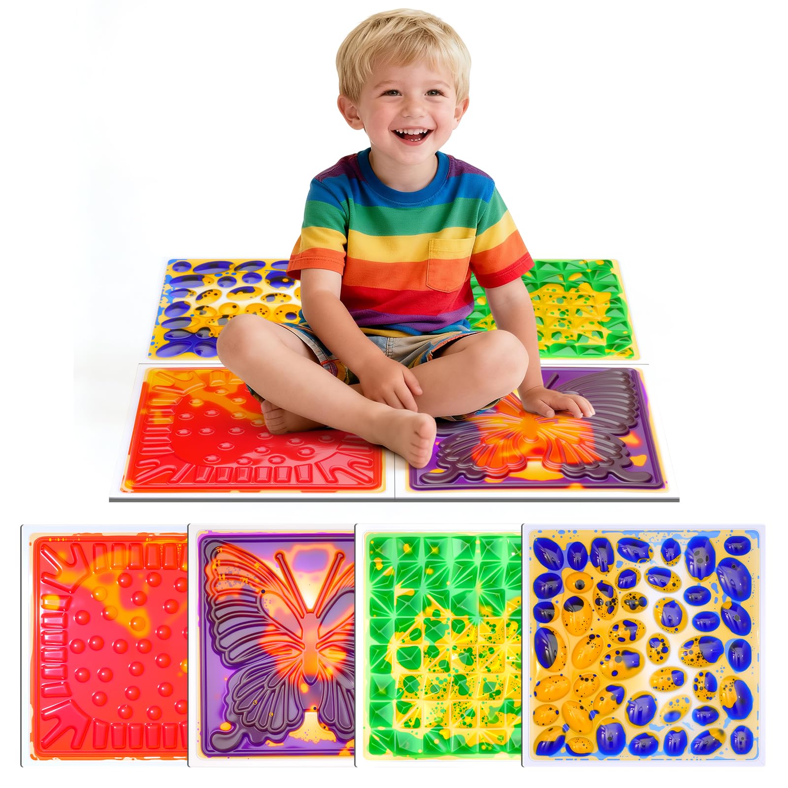 Ymoryiyi 3D Textured Liquid Sensory Floor Tiles 30x30cm, Eco-Friendly PVC, UKCA/BS EN71 Certified, Sensory Toys for Kids, Home & Classroom (4, 4pcs-set-multicoloured)