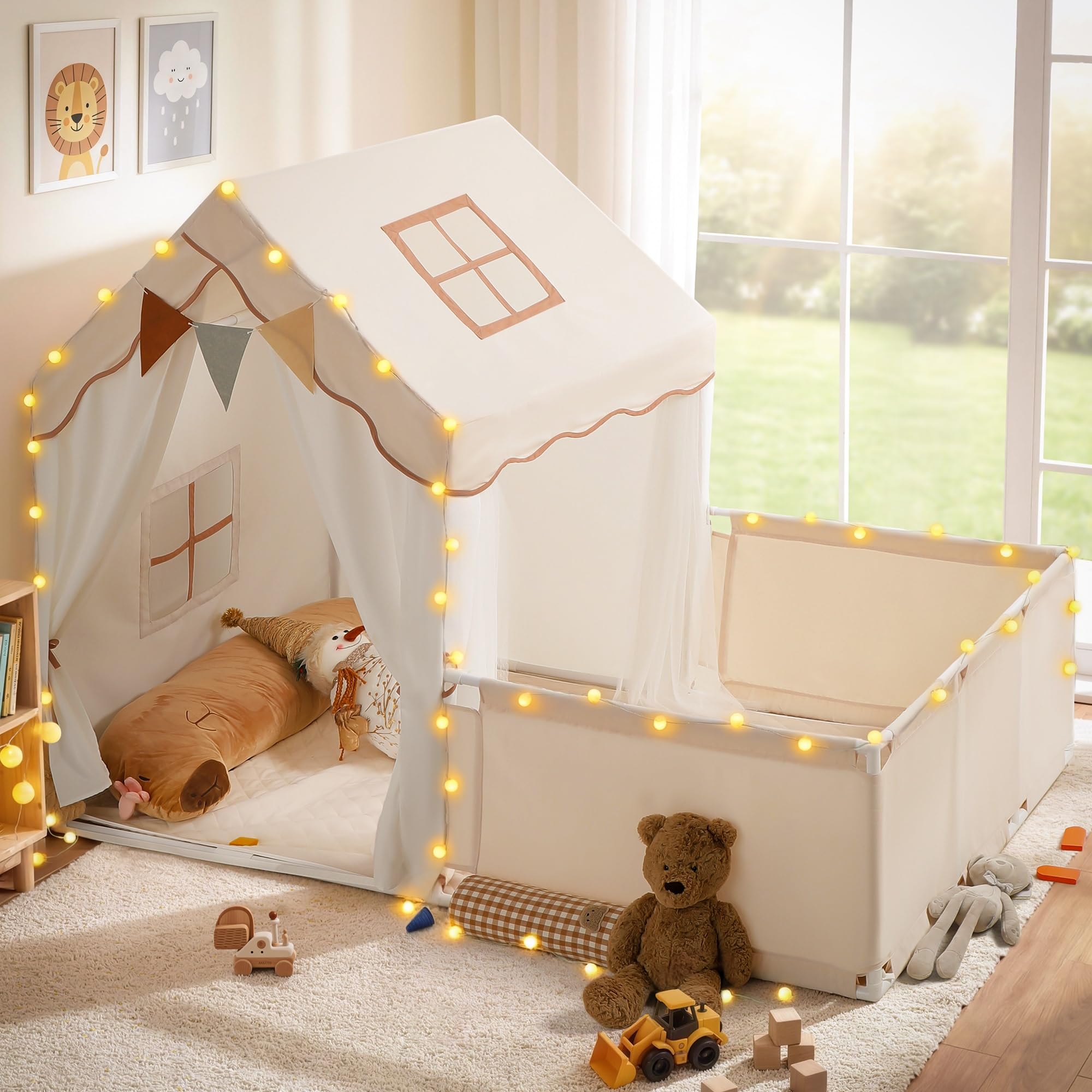 Besrey Tenda per Bambini 2-in-1 con Parco Giochi Casetta da Gioco Interna con Luci LED per 4-5 Bambini