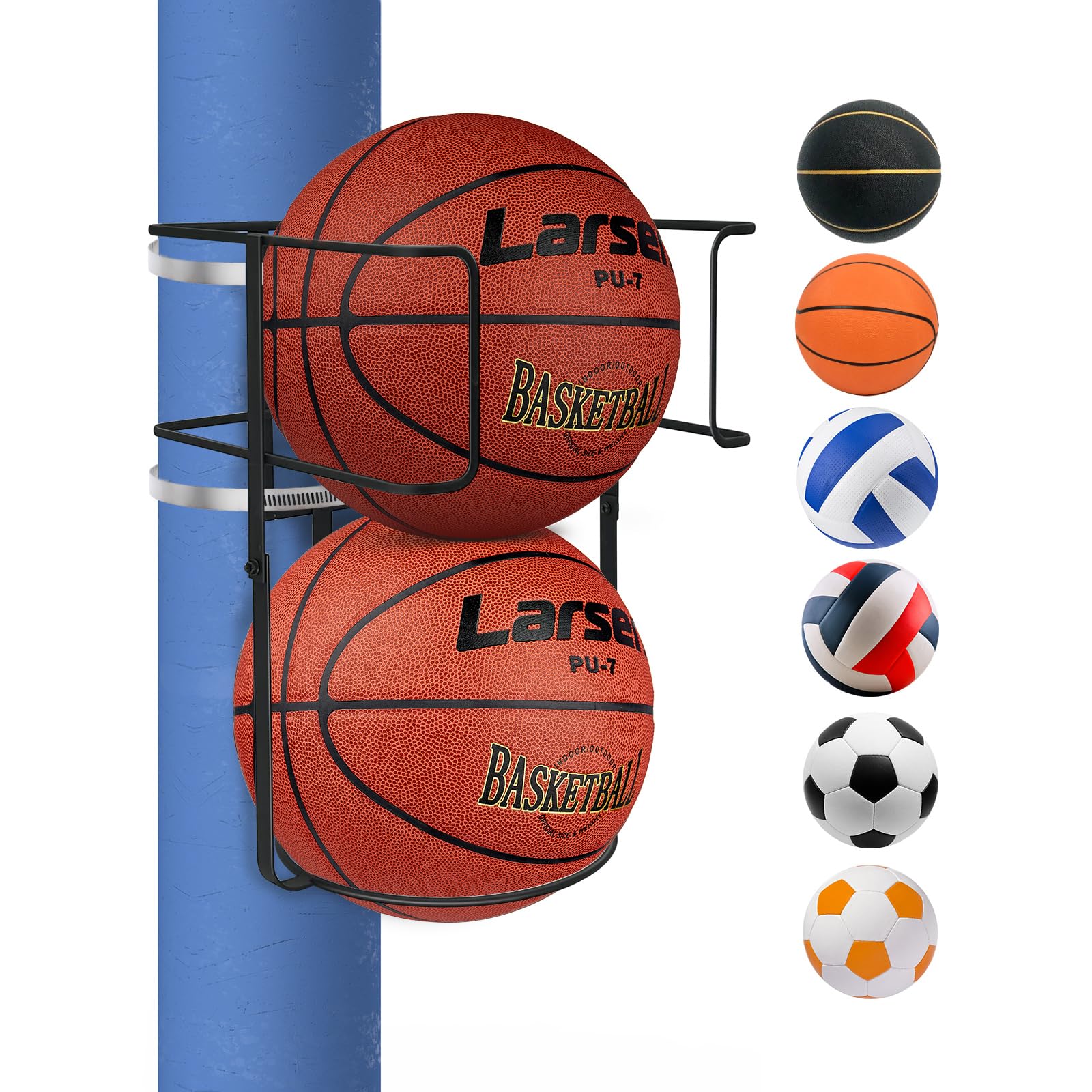 XBA Garage Ball Storage Basketball Storage Rack Holder Wall Mount Organizer Sturdy Metal Sports Gear Storage Outdoor Portable Ball Wall Organizing or Pole Mounted for Volleyball Football Basketball
