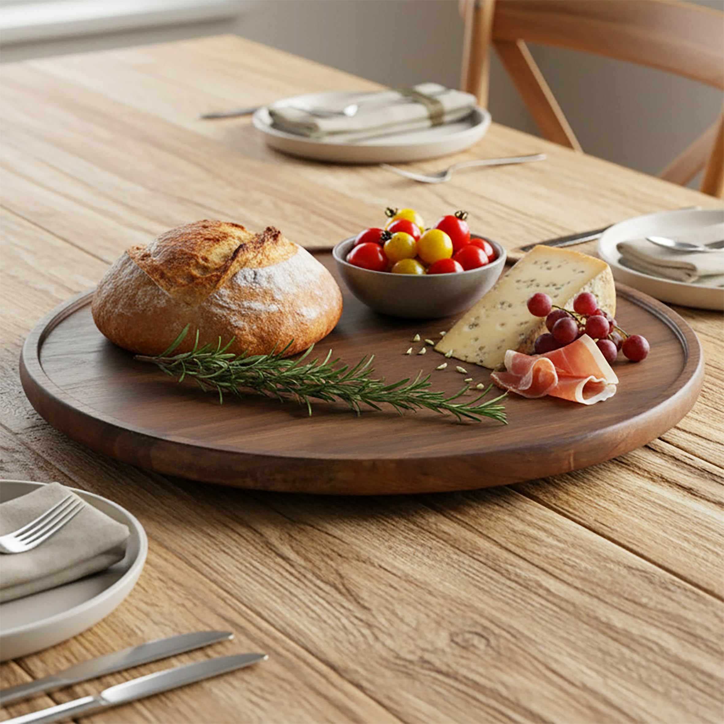 Spetebo Akazienholz Servierplatte groß lebensmittelecht - 37 cm - XL Massivholz Servierteller rund natur