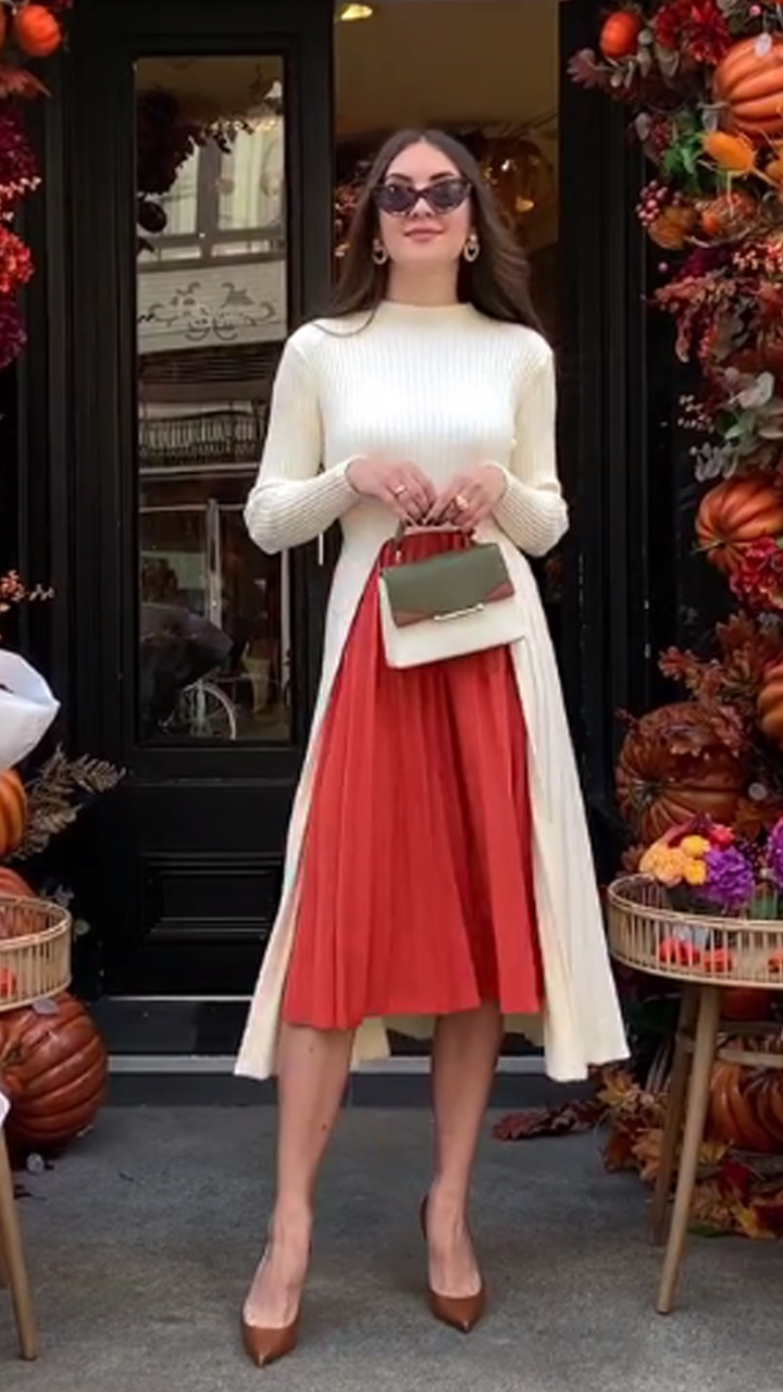 Watch Front Pleats Splicing Belted Hi-Lo Knit Dress in Cream on Amazon Live