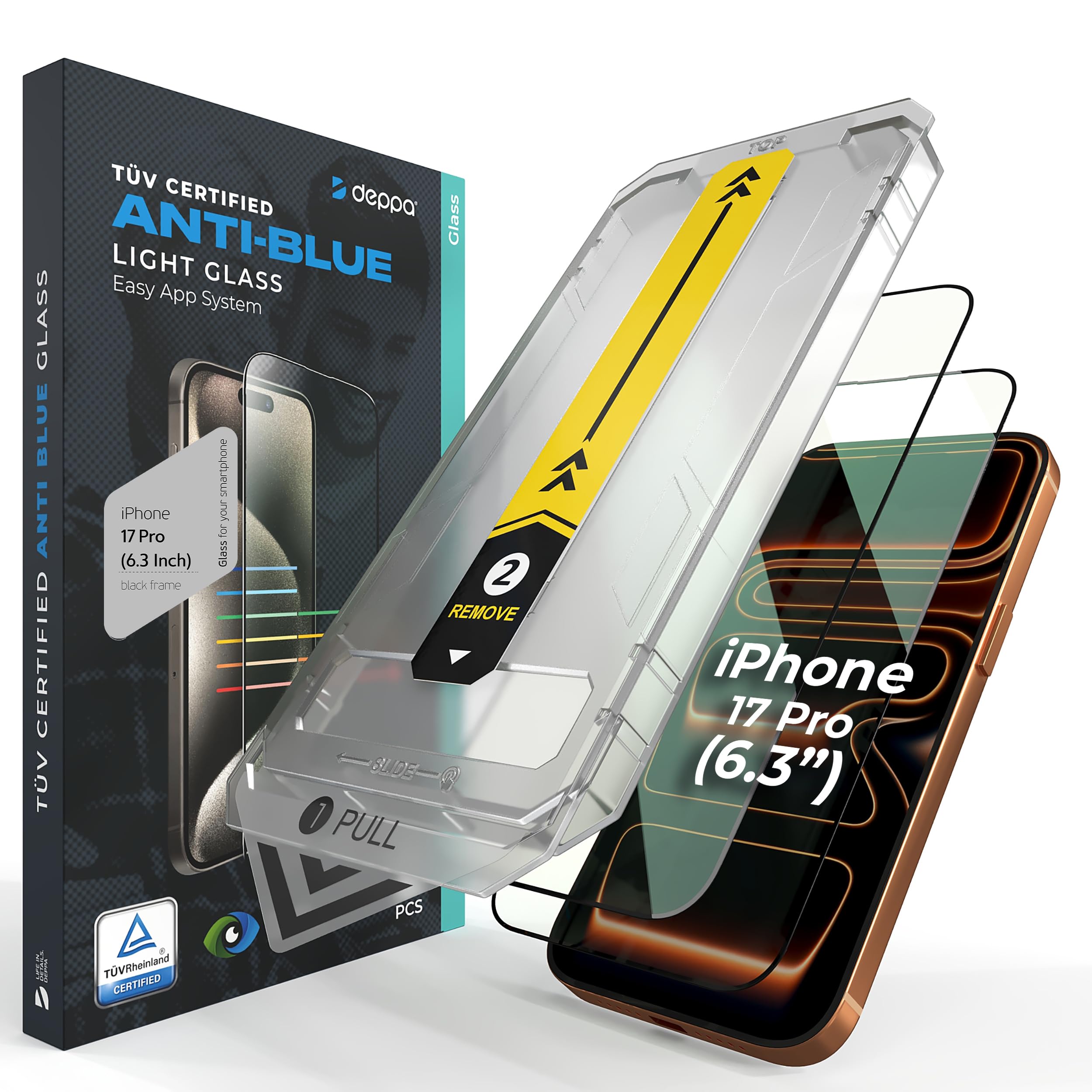 Deppa Protector de Pantalla Anti Luz Azul para iPhone 17 Pro (6.3") – Vidrio Templado, Cobertura Total, Dureza 9H, Kit de Instalación Fácil, Protección Ocular – 2 Piezas