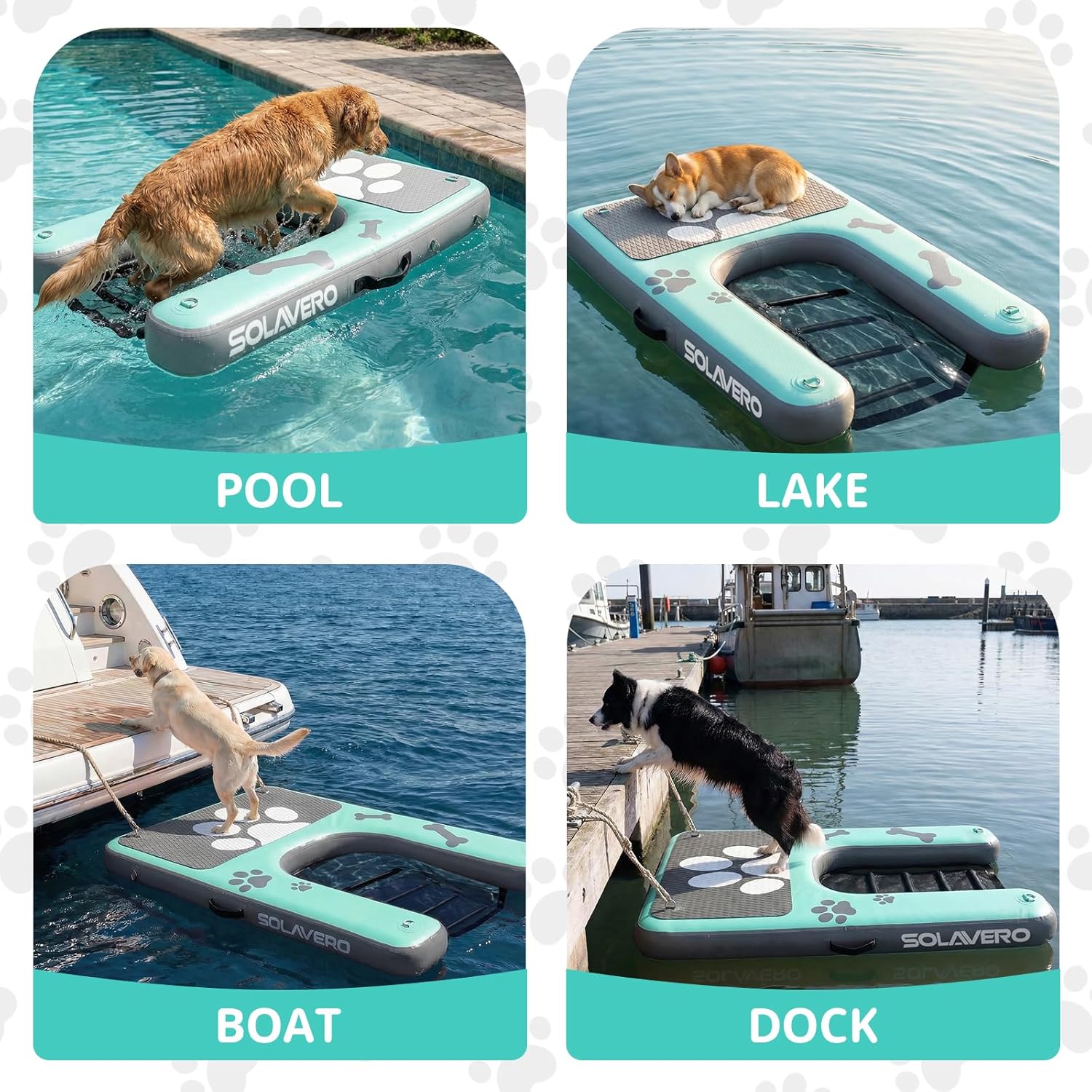 SOLAVERO Dog Water Ramp for Pool, Boat & Lake, Inflatable Dog Dock Pup Plank Pool Ladder Up to 200 lbs, Safe & Easy Access Floating Ramp Steps for Pets with Anti-Slip EVA, Green