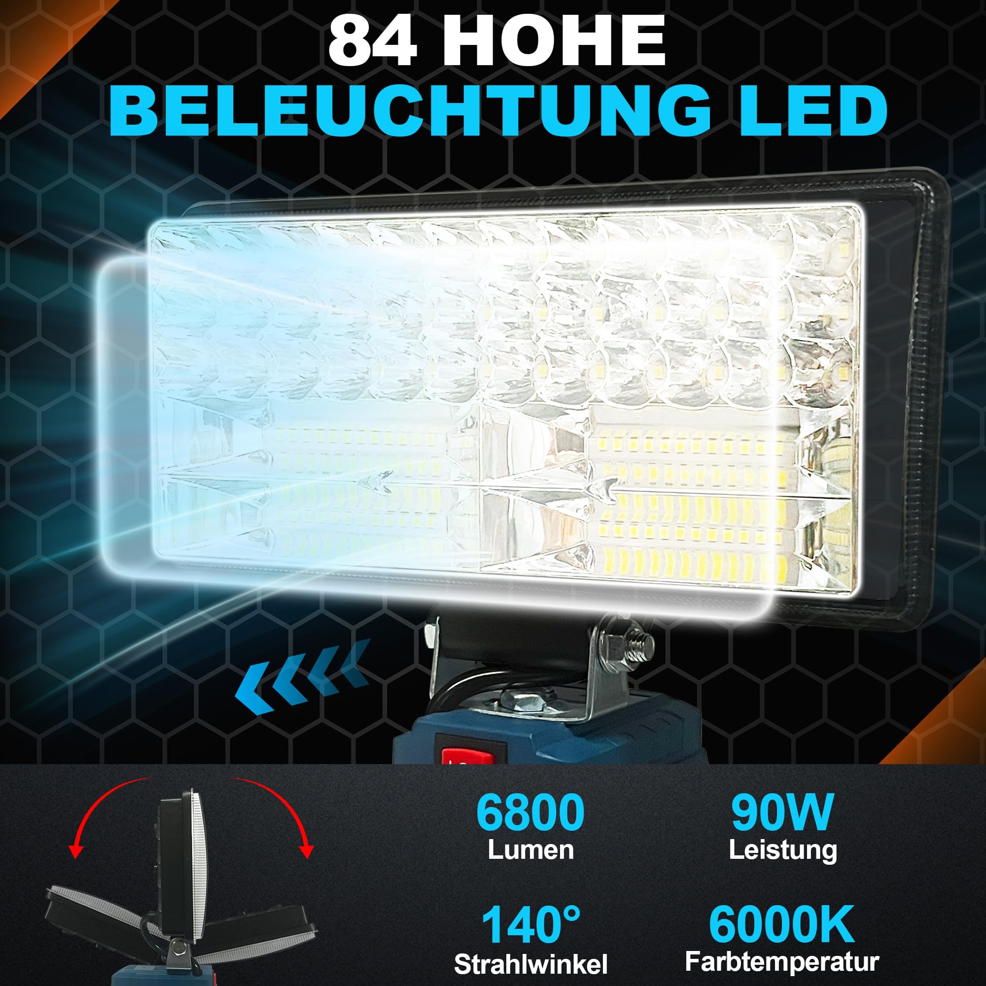 Lámpara LED con batería para Bosch 18 V, 96 W, 6800 lm, Iluminacion, Foco LED con USB + tipo C (sin batería)
