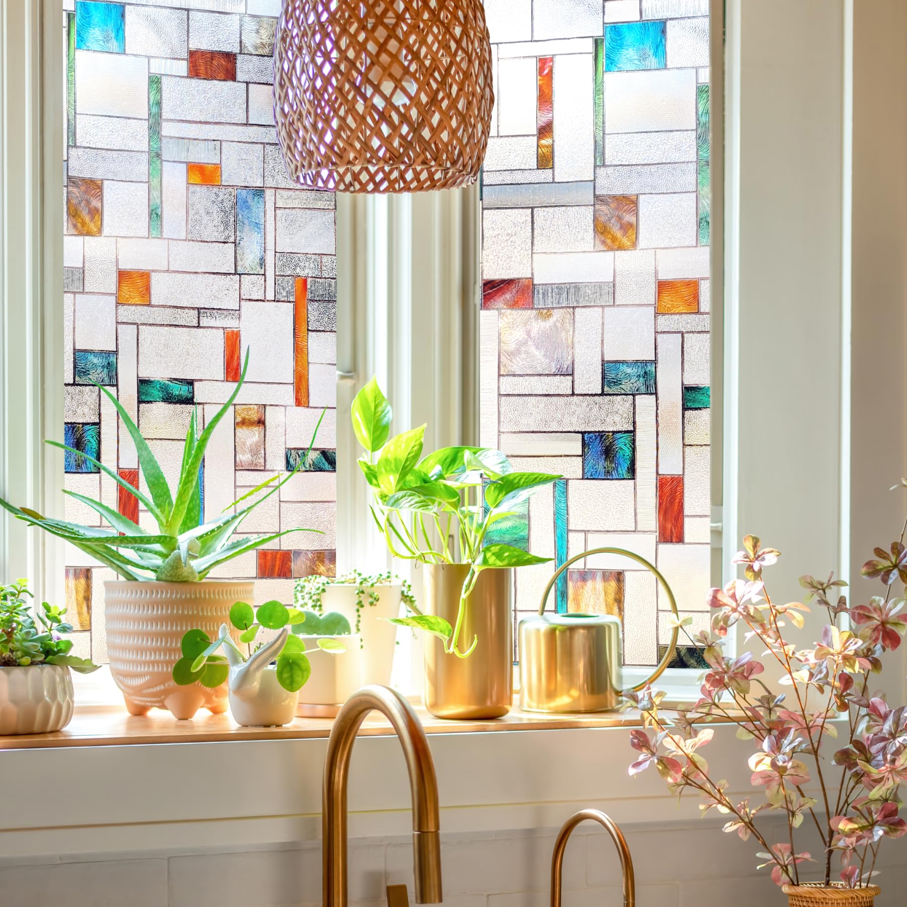 Artscape Melange 61 x 91 cm Window Film – Provides Privacy, Non-Adhesive, Colorful Stained Glass Pattern, UV Protection, Easy to Apply and Removable
