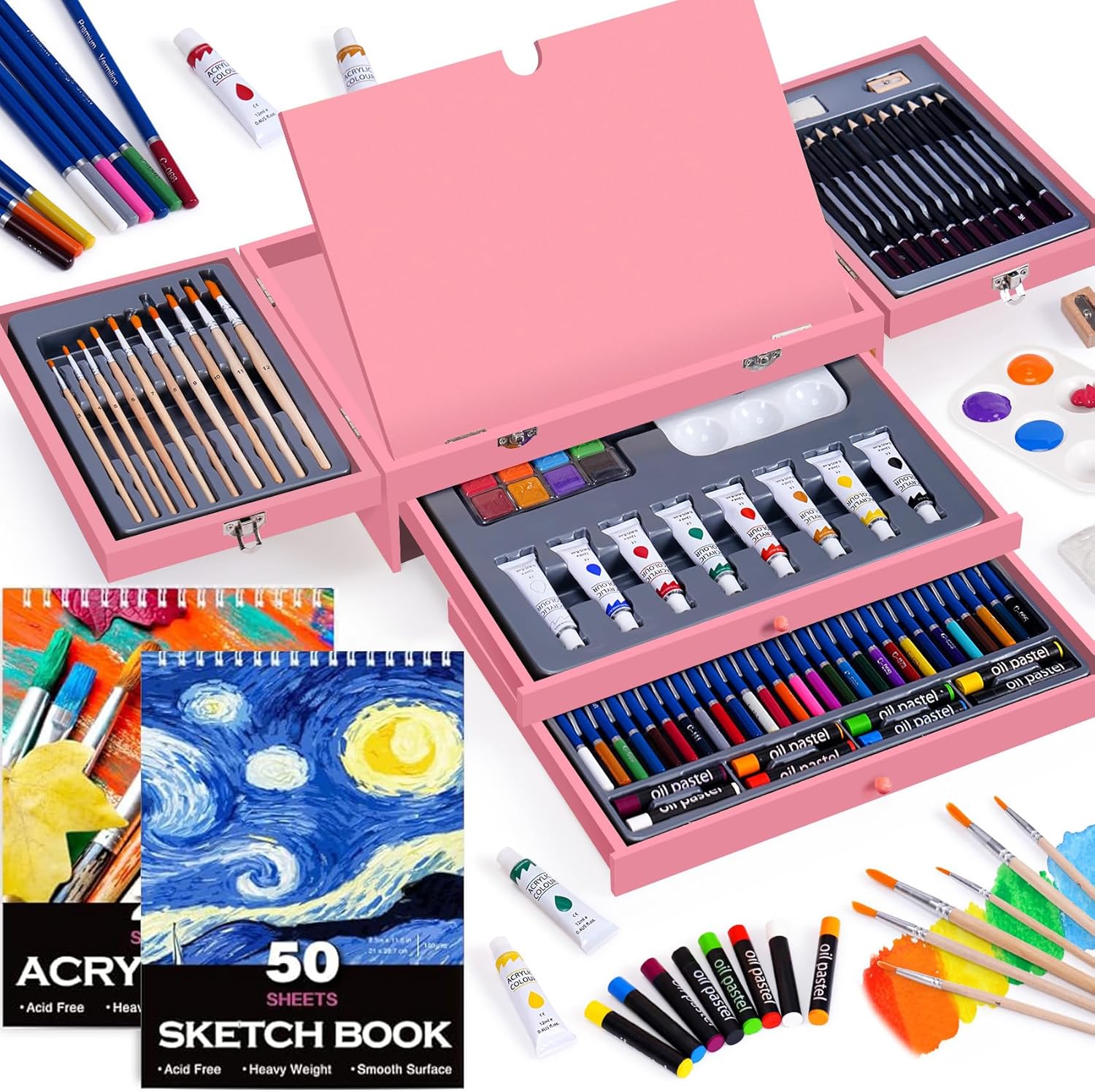 Art Set 85 Piece with Builtin Wooden Easel, 2 Drawing Pad