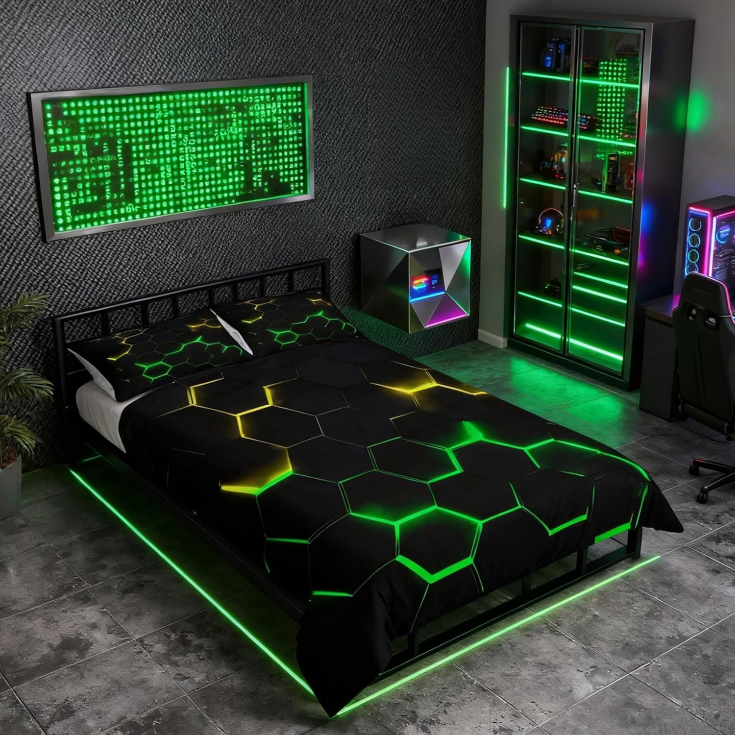 Feelingyou Boys Geometry Green Honeycomb Bedding Duvet Cover Single,Hexagon Theme With Green Yellow Neon Lights Comforter Cover, Teen Man Chic Creative Home Bedding Quilt Cover 2Pcs With 1 Pillowcase,Black