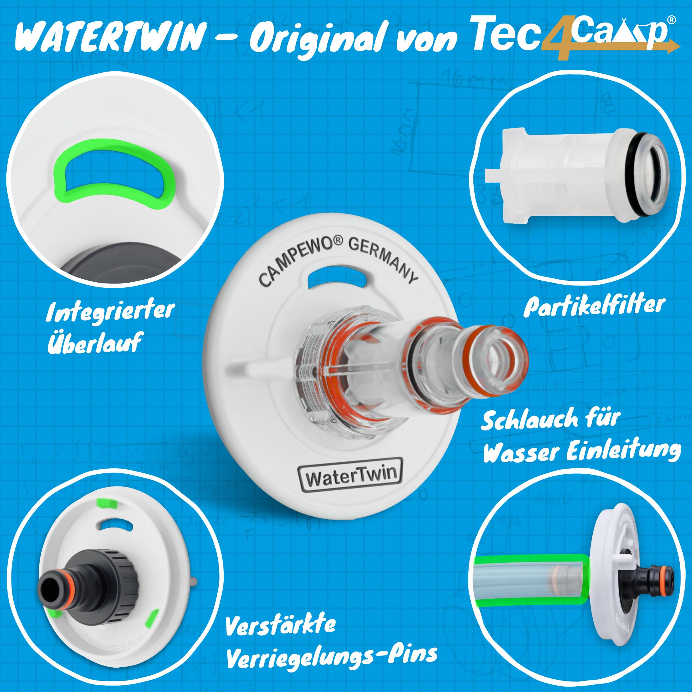 Couvercle de réservoir avec raccord pour système Gardena pour camping-car Caravan à remplir le réservoir d'eau sur le tuyau de remplissage avec trop-plein et raccord de tuyau grand