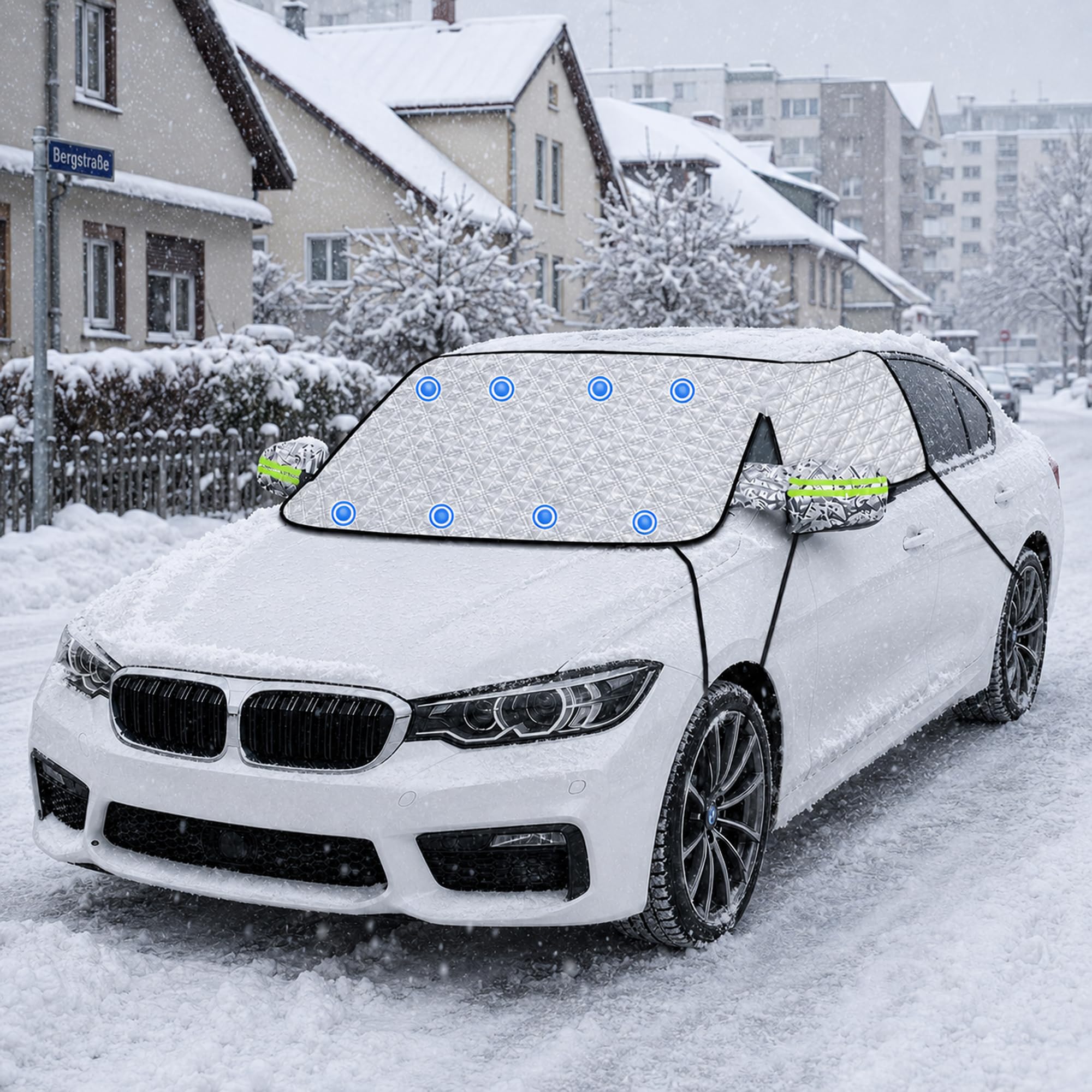AJIEQAQ Auto Frontscheibenabdeckung mit Spiegelabdeckung, Ultra-Dicker Ganzjähriger Sonnenschutz Frontscheibe, Windschutzscheiben Abdeckung gegen Schnee, EIS, Frost, Sonne & UV, Wasserbeständig