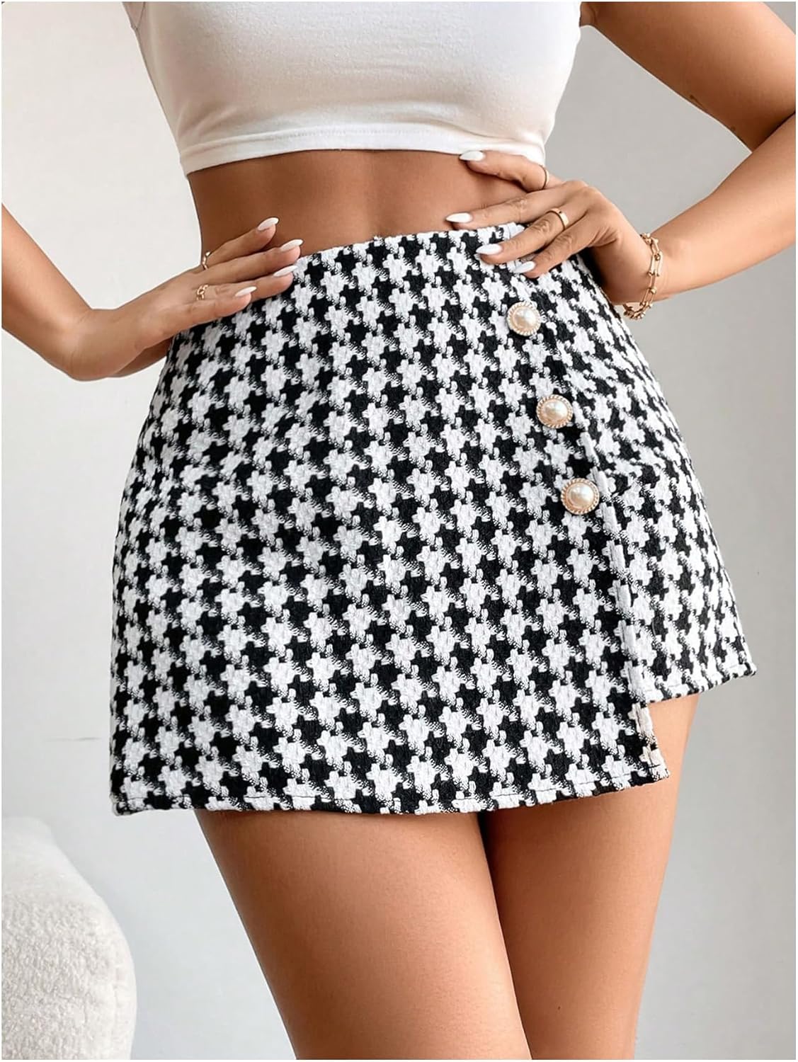 WDIRARA Women's Petite Houndstooth Wrap Skorts High Waisted Asymmetrical Tweed Skirt Shorts - Image 5