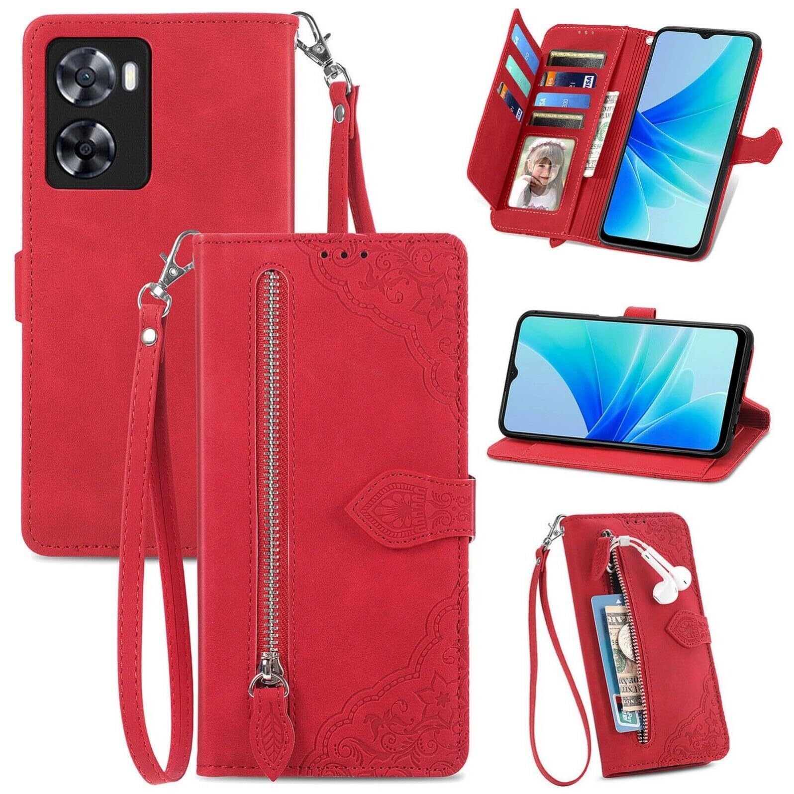 Étui Oppo Reno 12 Pro rouge en cuir avec fermeture éclair - 6