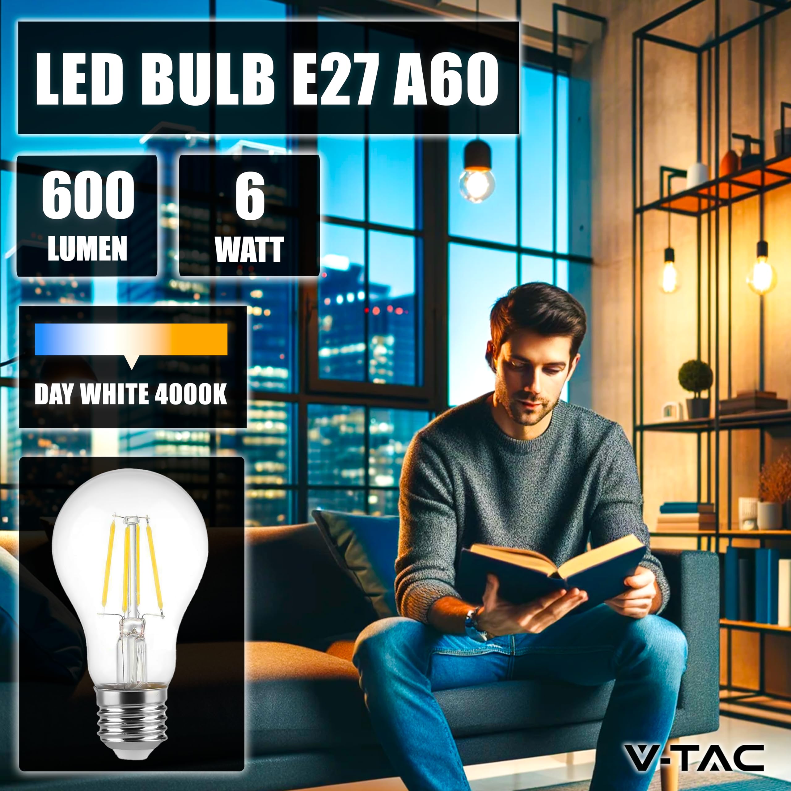 V-TAC 4x Lampadina LED a Filamento con Attacco E27 6W (Equivalenti a 45W) A60-600 Lumen - Lampadine LED Massima Efficienza e Risparmio Energetico - 4000K Luce Bianca Naturale (Confezione da 5)