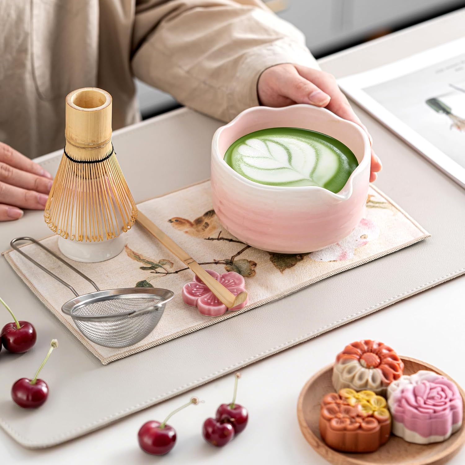 Matcha Whisk Set Ceramic Matcha Set Includes Bowl,Spout Bamboo Chasen Whisk with Ceramic Holder, Matcha Scoop and Stainless Sifter, Matcha Kit Valentine's Day Gifts for Women(7Pcs,Pink) - Image 7