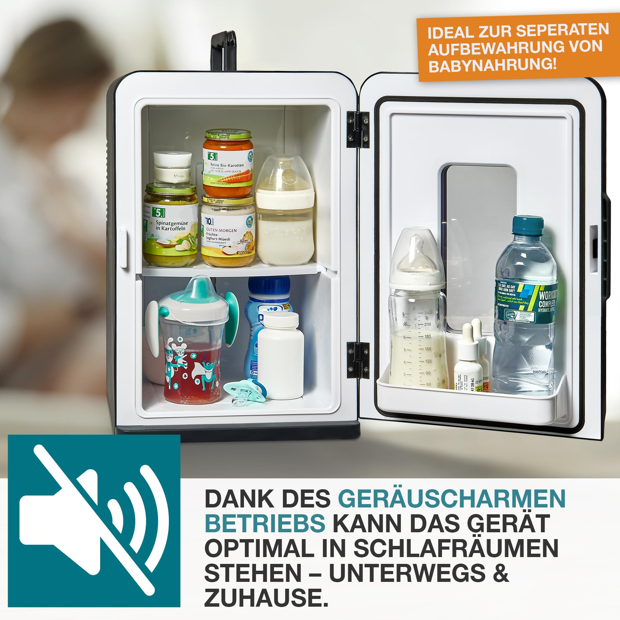 TOM 2in1 Mini Kühlschrank 15 L – Kühl- & Heizfunktion | Tragbarer leiser Kühlschrank für Auto, Camping, Wohnmobil, Gaming und Kosmetik – kompakter Minikühlschrank in Schwarz & Mint