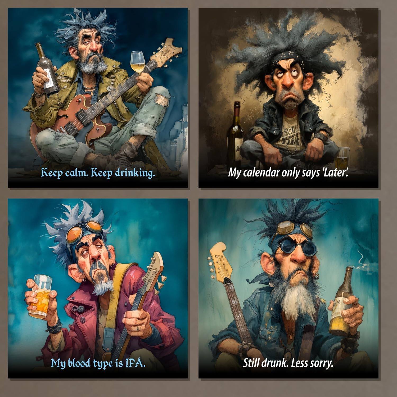 Beer Fueled Musicians Fridge Magnets Set ~ Stylized Rock Characters with Guitars and Drinks in Hand paired with Humorous captions About Laziness Burnout gigs and Never Ending bar Nights