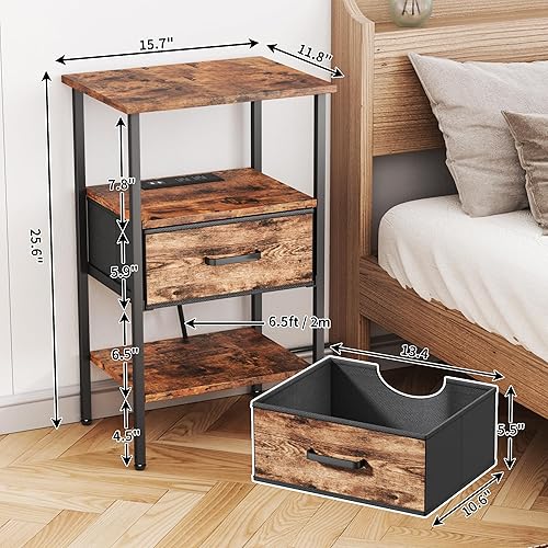 Miniatura 5 de Mesa auxiliar y mesita de noche con estación de carga, mesa auxiliar de 3 niveles con puertos USB y tomas, mesita de noche para sala de estar,