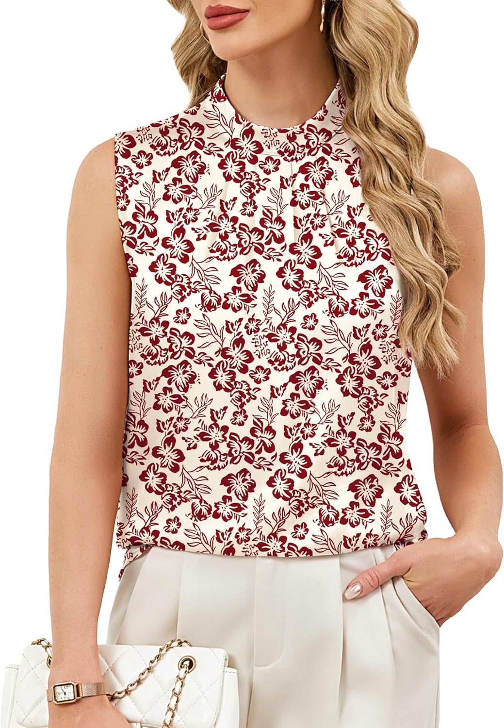 Funlingo Womens Satin Tank Tops Summer Sleeveless Mock Neck Dressy Blouses Pleated Work Shirts Business Casual Outfit