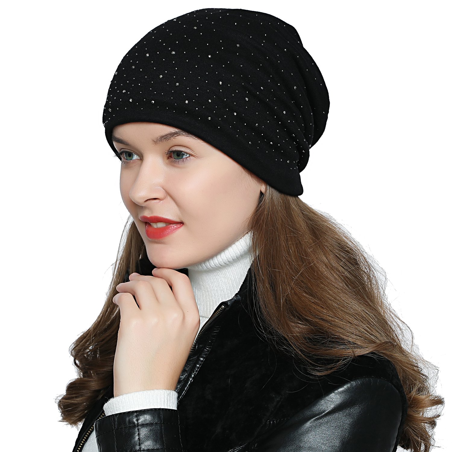 DonDon Damen Mütze Wintermütze Slouch Beanie silberne Pailletten Nieten