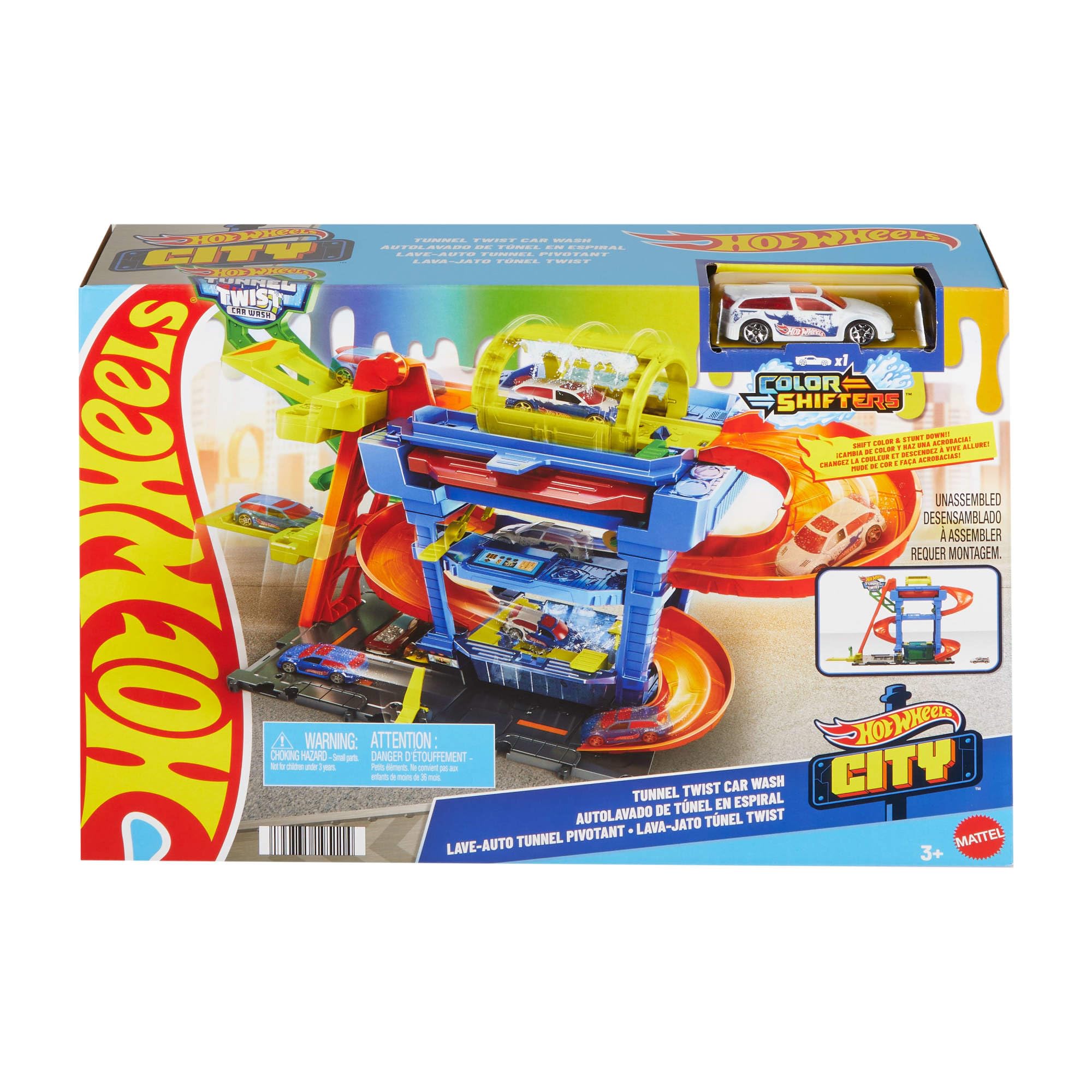 Hot Wheels 'Let's Race' Netflix - Autolavaggio con Tunnel, playset con pista e tunnel che spruzza acqua, include 1 veicolo in scala 1:64 cambia-colore in acqua calda e fredda, 3+ anni, HTN80