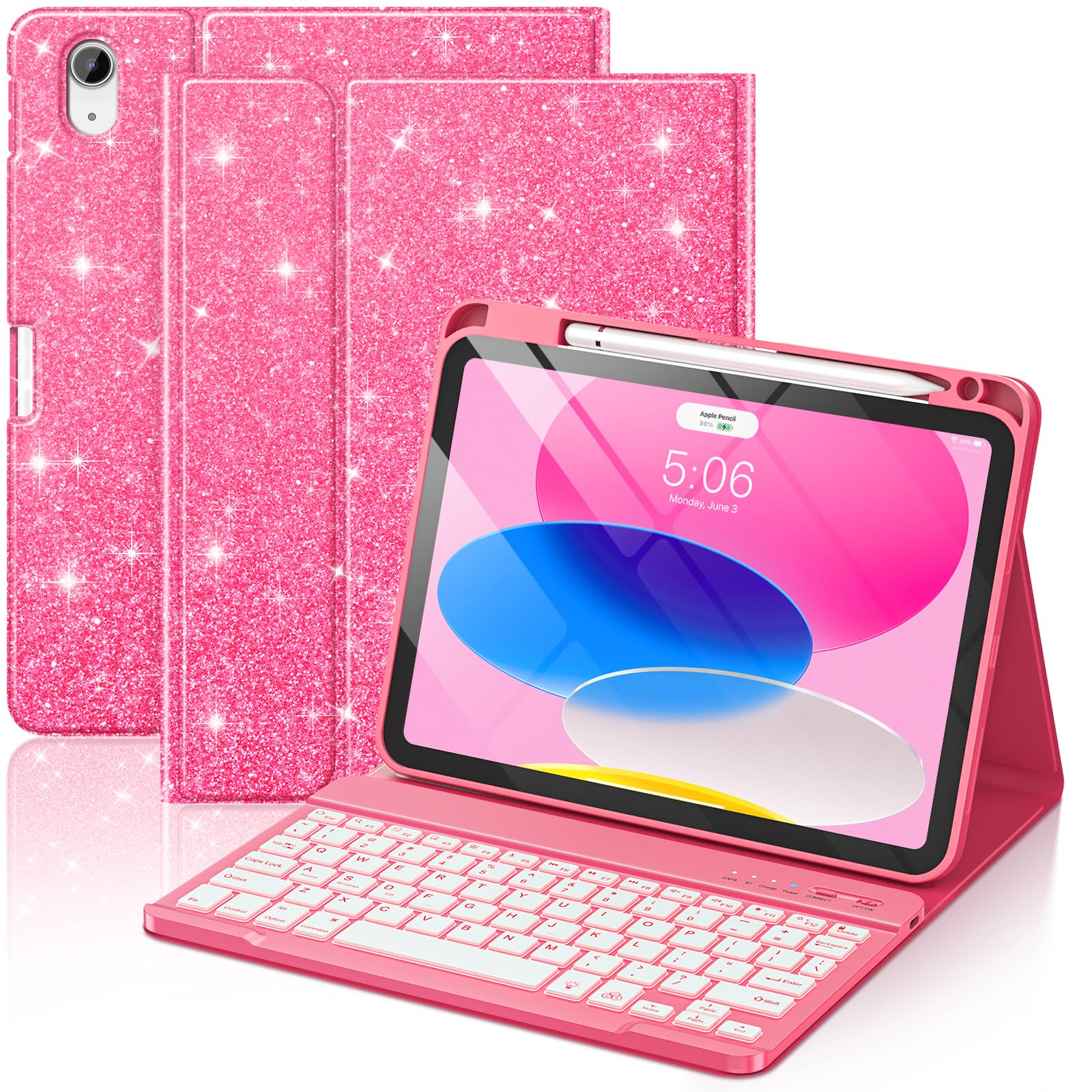 FUWANG for iPad A16 11th/10th Generation Case with Keyboard, Glitter Pink | Glitter Folio Cover with Pencil Holder, Backlit Detachable Keyboard for iPad A16 11th 11-inch 2025& iPad 10th Generation 2022