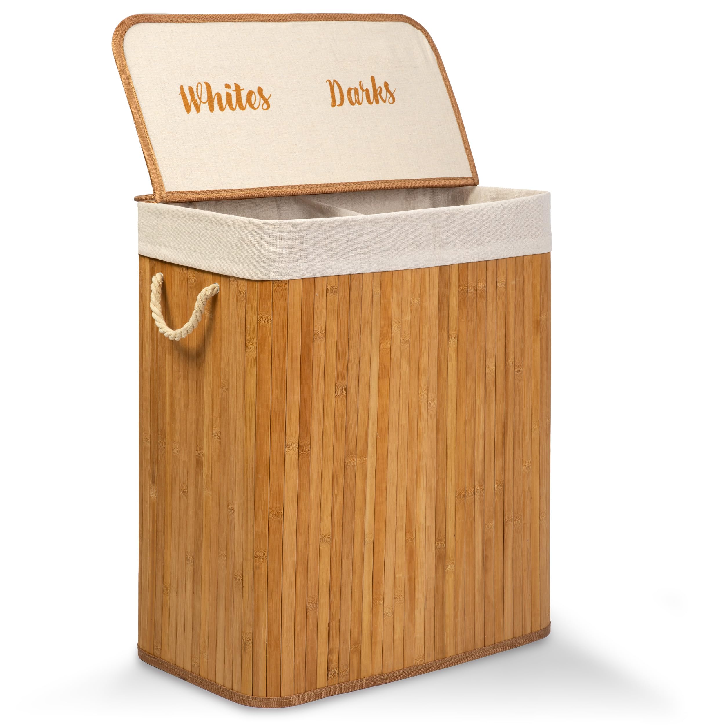 Cesto portabiancheria a 2 scomparti, 100 l, con coperchio e sacco per la biancheria, in bambù, colore beige, 61 x 54 x 34 cm