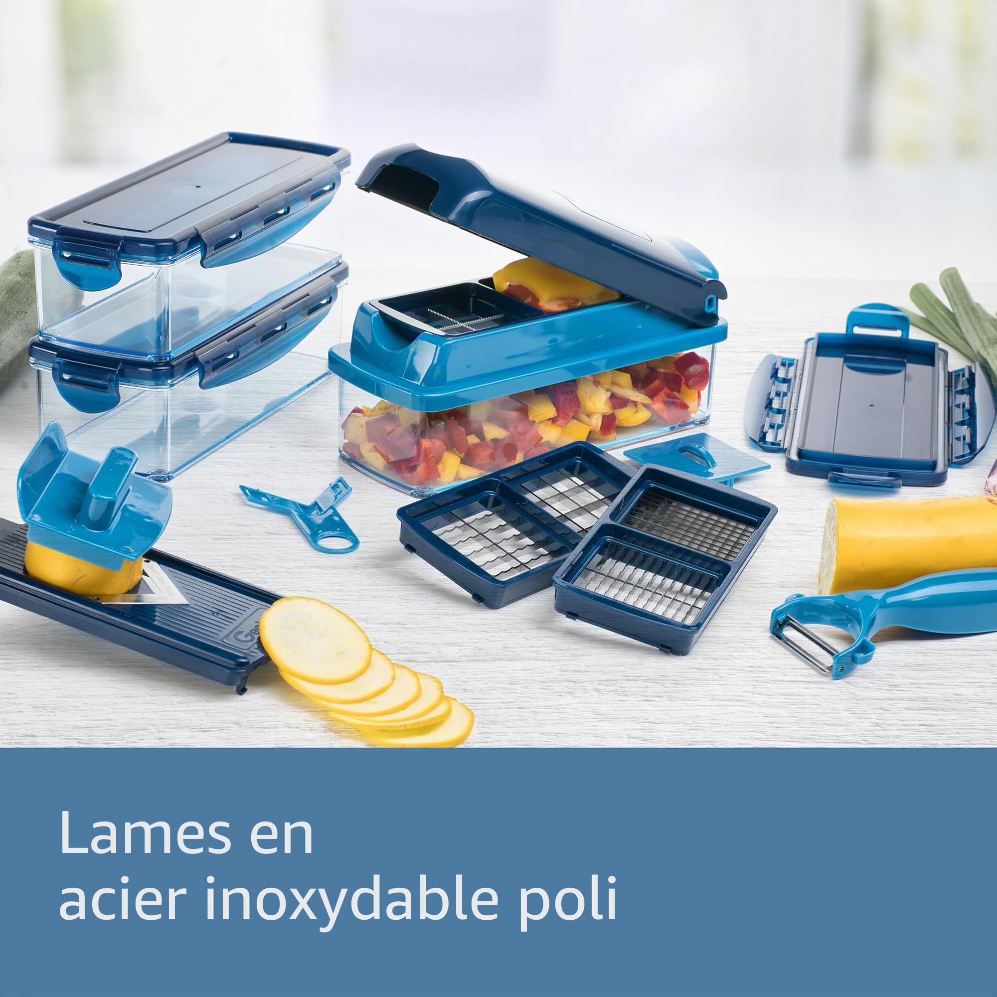 Genius Mandoline Nicer Dicer Smart 14en1 Multifunction Professionelle bleu - Coupe-légumes avec Grilles de découpe + Poussoir, Rabot, Eplucheur | dés, bâtonnets, tranches, bandes