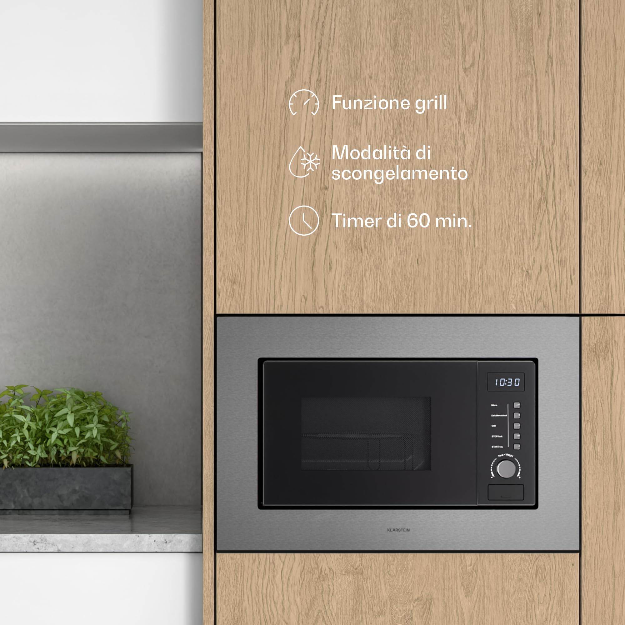 Klarstein Verosteel Microonde da Incasso con Grill – 20L, 700W Microonde & 800W Grill, 8 Programmi, Touch, Acciaio Inox, Forno Microonde Incasso, Acciaio inossidabile