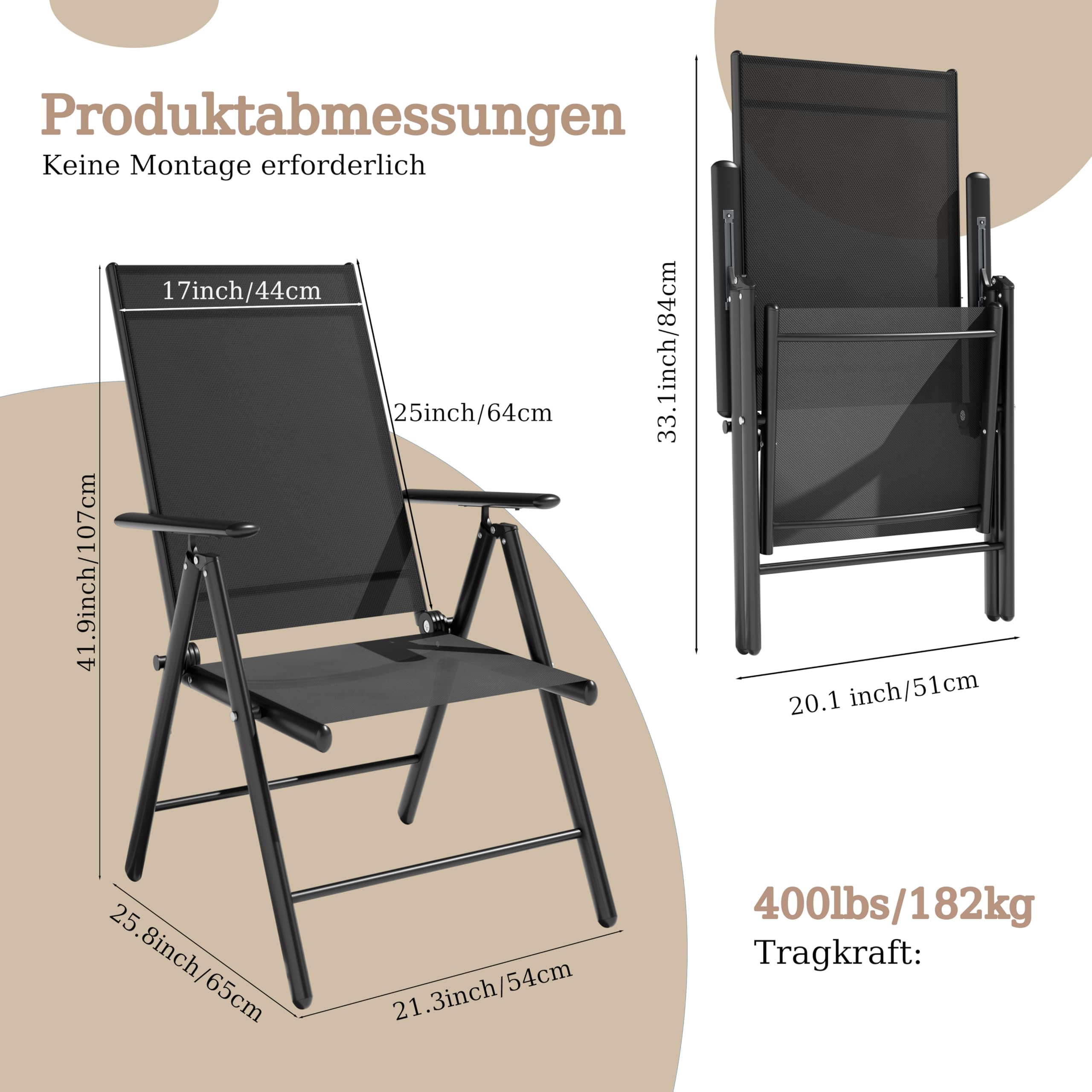 ALAULM Klappbare Gartenstühle 4er-Set, 7-stufig verstellbare Hochlehne & Armlehnen, wetterfestes Textilene, Terrasse Garten Balkon (Schwarz)