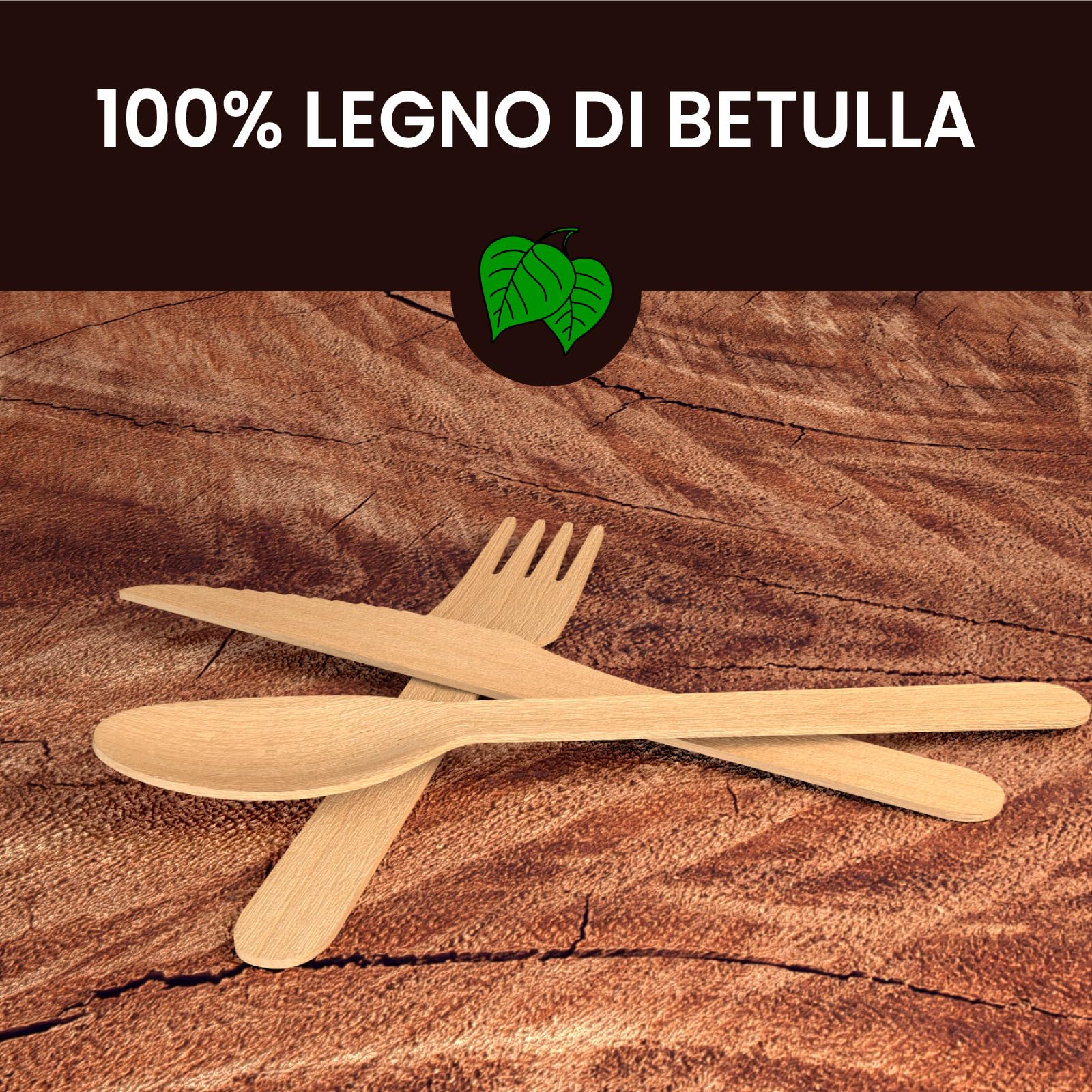Set Posate Ecologiche Monouso in Legno di Betulla - 100 Forchette + 100 Coltelli + 100 Cucchiai - Usa e Getta 100% Naturali Biodegradabili Compostabili