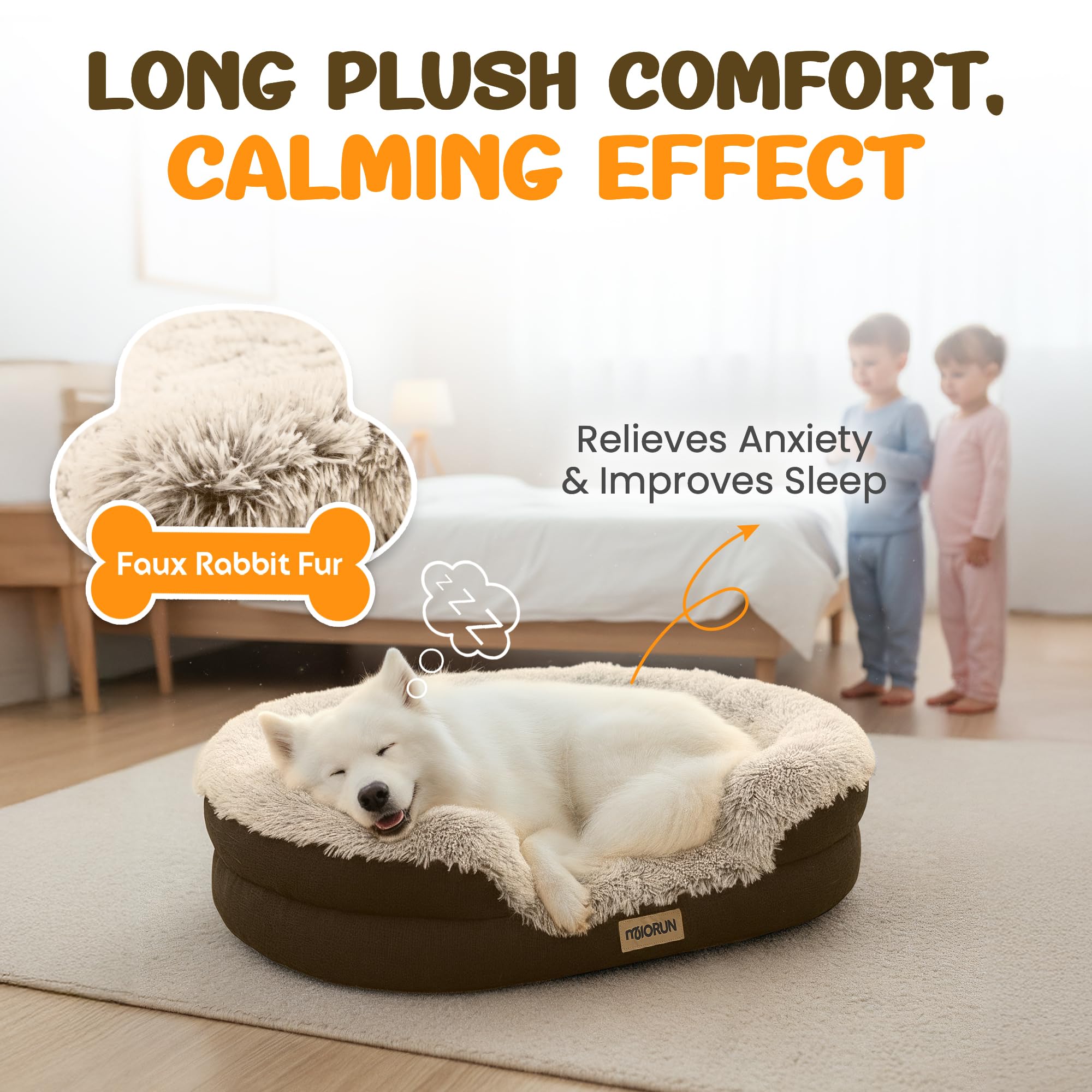 Fluffy Orthopedic Dog Bed for Extra Large Dogs, Calming Plush Sofa Bed with Curved Bolster Support and Egg-Crate Foam Base, 48" Cozy Oval Pet Donut Bed with Washable Cover, Coffee - image 2
