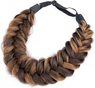 Messy Wide 2 Strands Fishtail Synthetic Hair Braided Headband Fluffy Plaited Braids Elastic Stretch Hairpiece for Women Girls Brides Wedding Hair Accessory (Chocolate Toast)