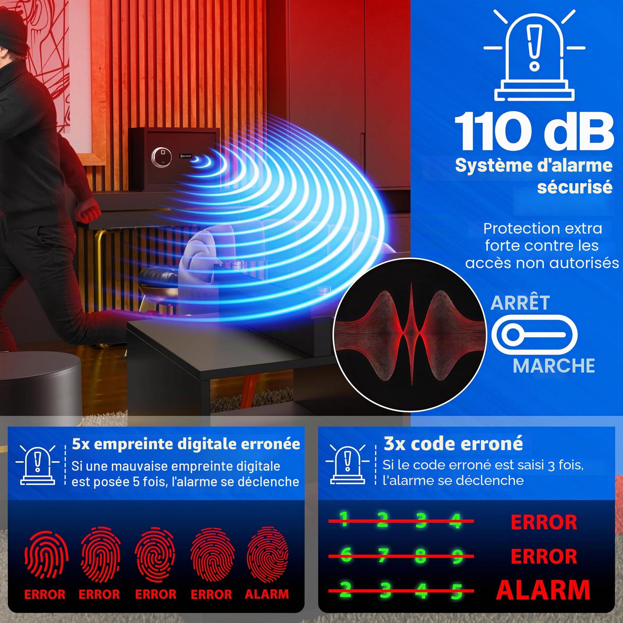 KESSER Coffre-fort électrique avec empreinte digitale et clé XL | Avec batterie d'urgence | Coffre-fort électronique | 3 x Verrouillage à double boulon | Coffre-fort mural au sol | Coffre-fort pour