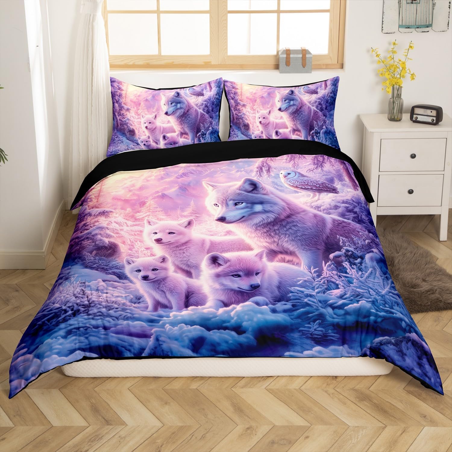 Snow Wolf Duvet Cover Sets(NO Comforter), Safari Animals Jungle Adventure Comforter Cover for Kids Adults Bedroom Decor,Natural Snow Trees Bedding Set,Woodland Cool Wildlife Quilt Cover,Twin Size