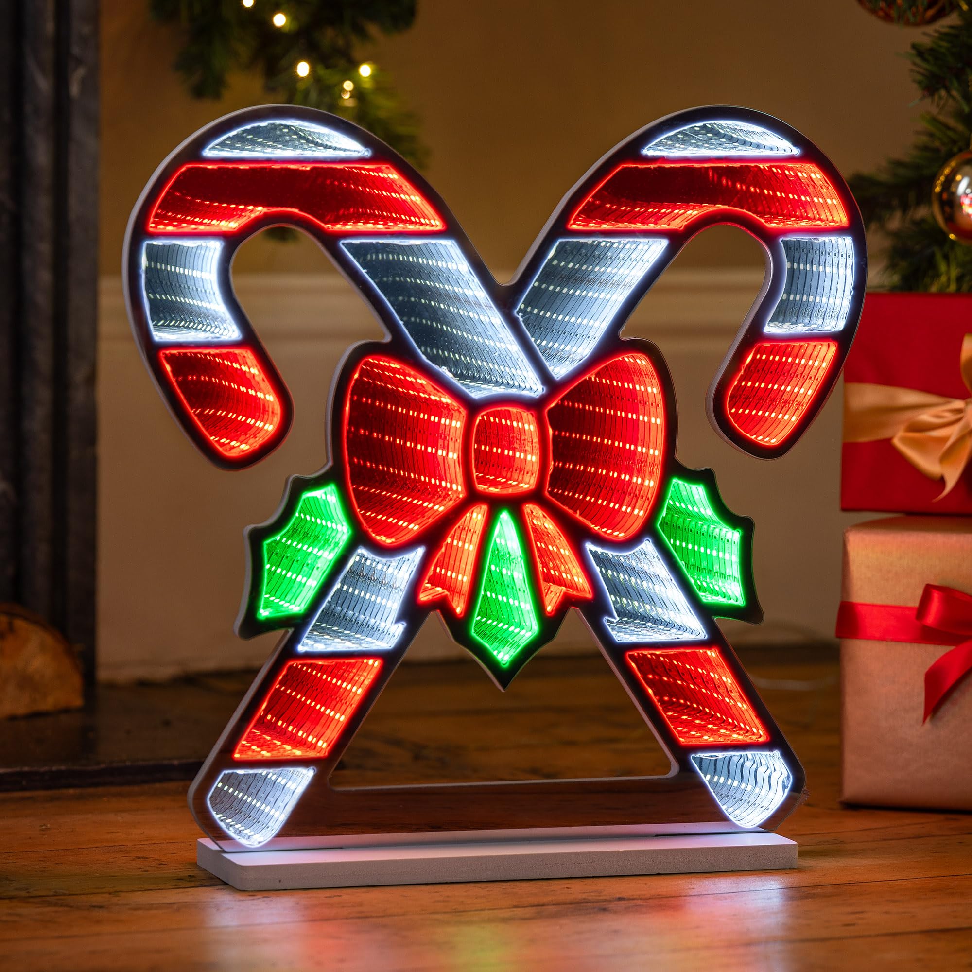Christow Candy Cane Infinity Christmas Light, 3D Effect Led Mirror Tunnel Decoration, Indoor Windowsill Mantelpiece Table Display, Mains Powered Home Lighting, Red & White Glow, 40Cm X 40Cm X 2Cm