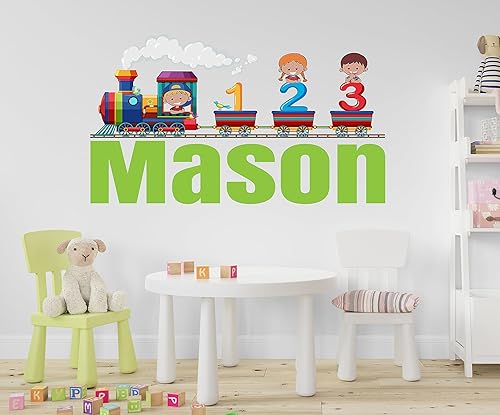 Calcomanía de pared de tren con nombre personalizado, calcomanías de pared de tren para niños, arte de pared personalizado de tren, calcomanía de