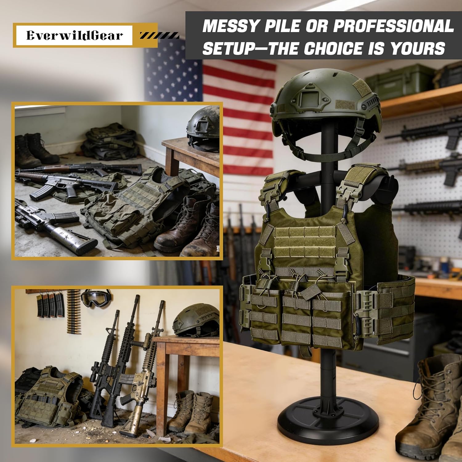 Body Armor Stand, Tabletop Tactical Gear Stand Helmet Vest Belt Display Rack, Adjustable Free-Standing Organizer for Tactical Gear and Police Duty Gear