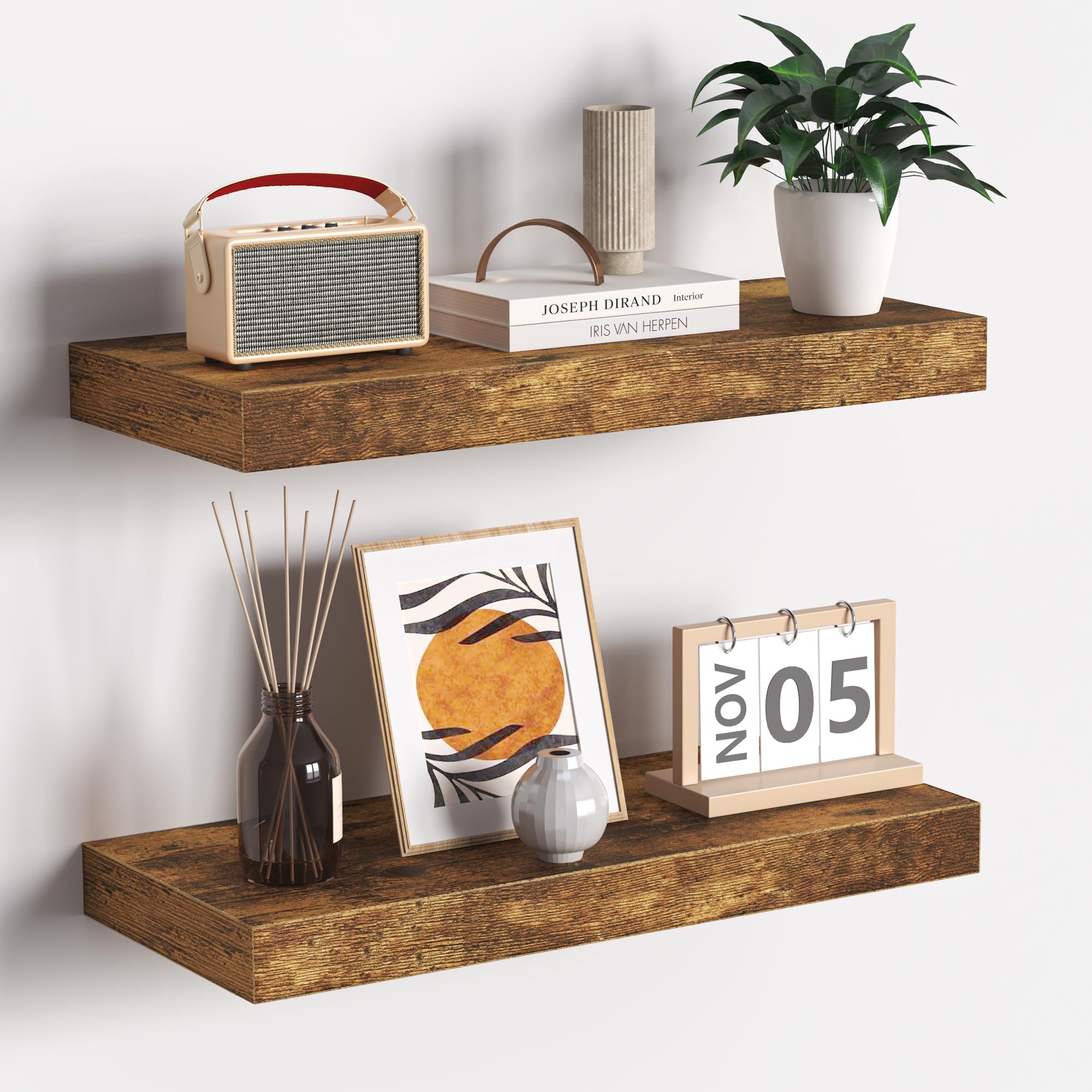 Fun Memories Floating Shelves - 16 Inch Rustic Brown Wall Shelf - Wall Mounted Shelves for Wall Decor Storage - Wooden Shelves with Invisible Brackets for Living Room, Bedroom, Kitchen, 2 Pack โ image 1