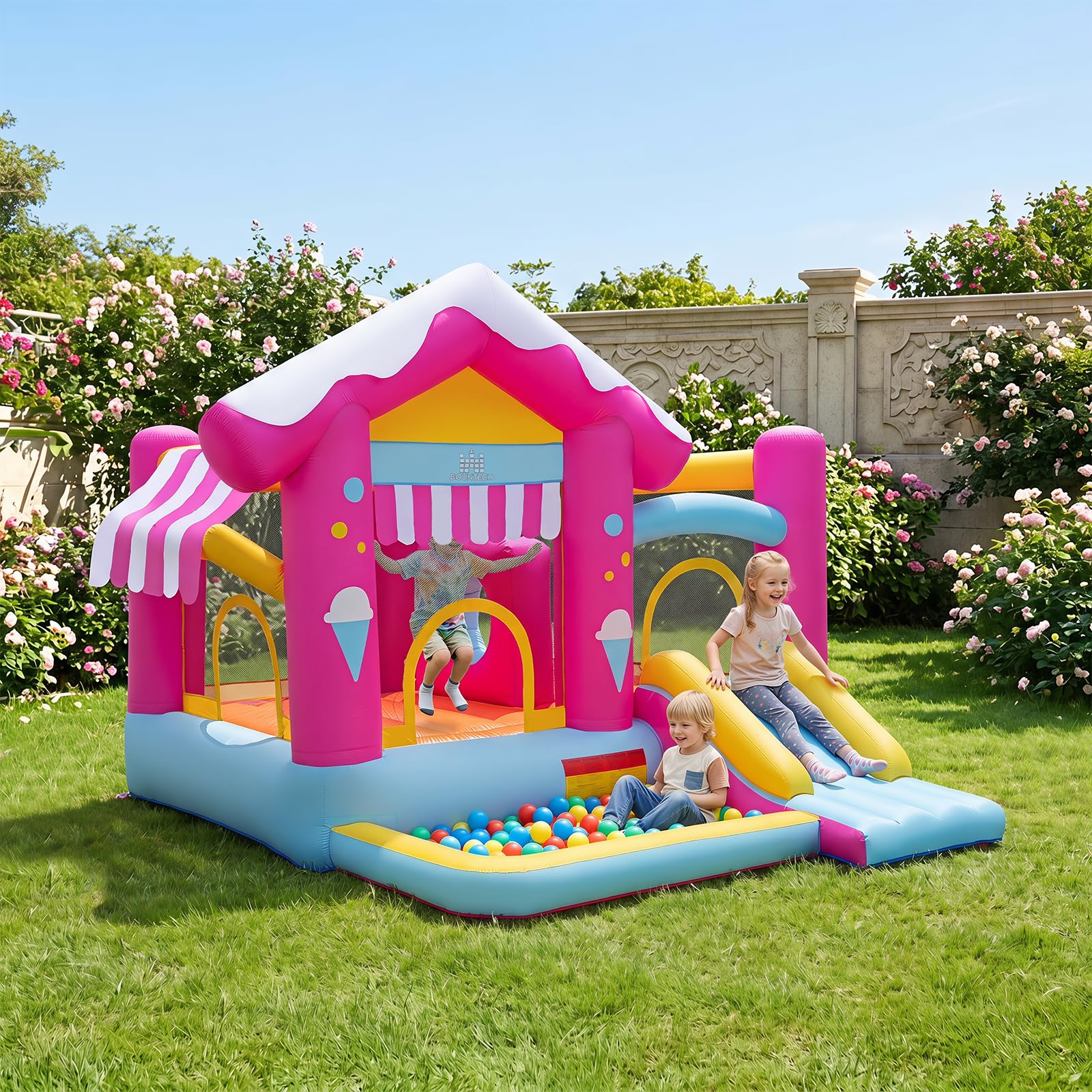 COSTWAY Castello Gonfiabile per Bambini 3-12 Anni | Casa Gonfiabile per Interno ed Esterno con Trampolino con Ostacolo, Scivolo, Piscina con 50 Palline, 7 Picchetti e Borsa